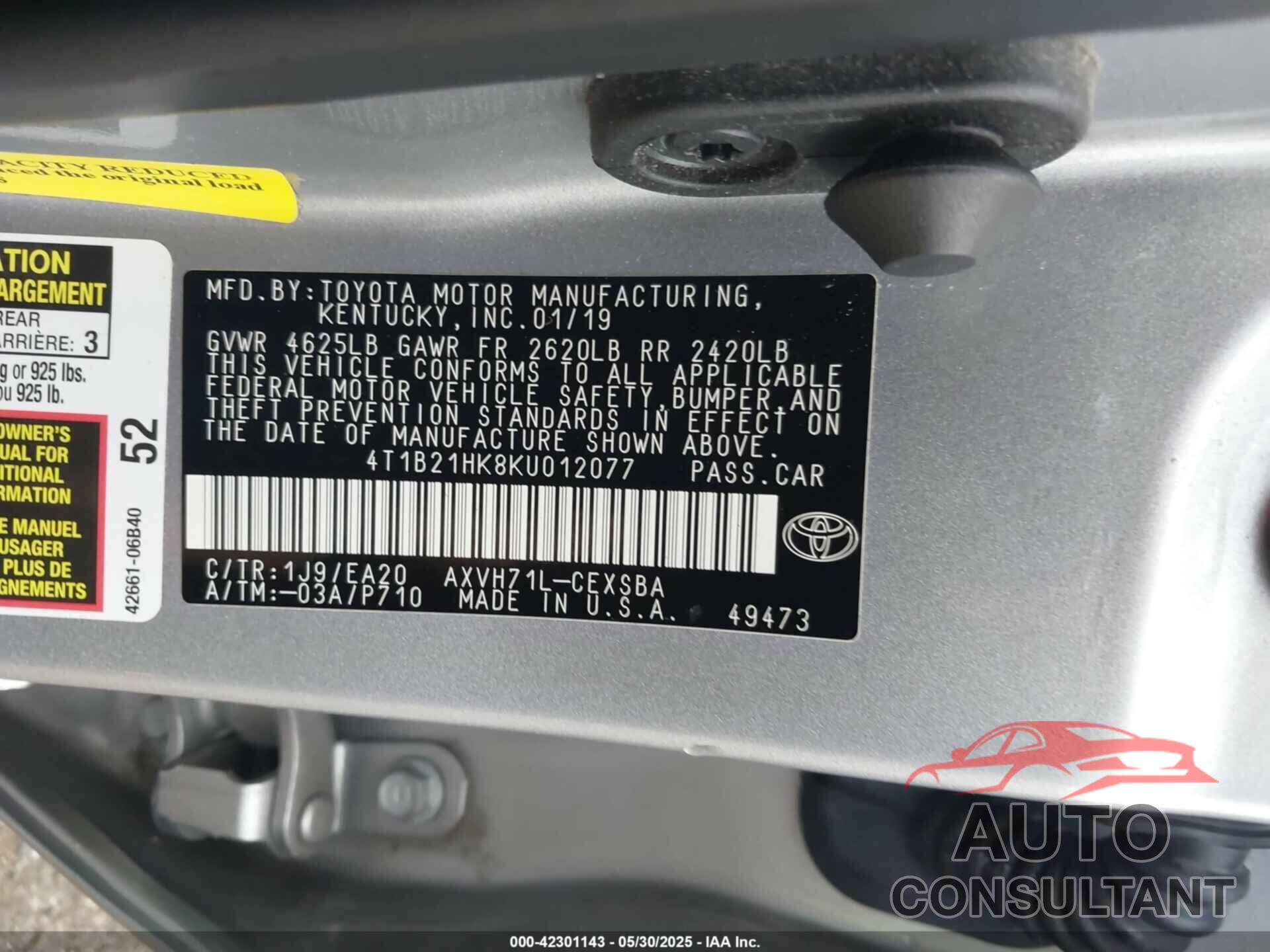 TOYOTA CAMRY HYBRID 2019 - 4T1B21HK8KU012077