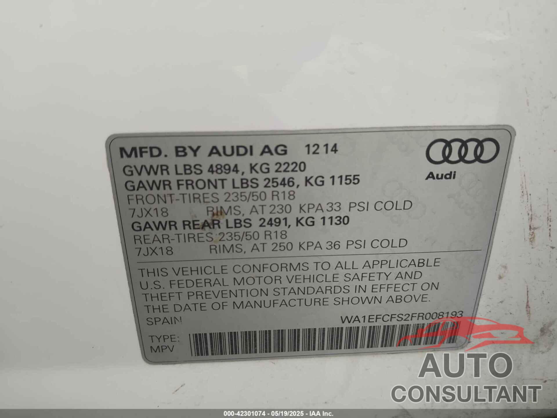 AUDI Q3 2015 - WA1EFCFS2FR008193