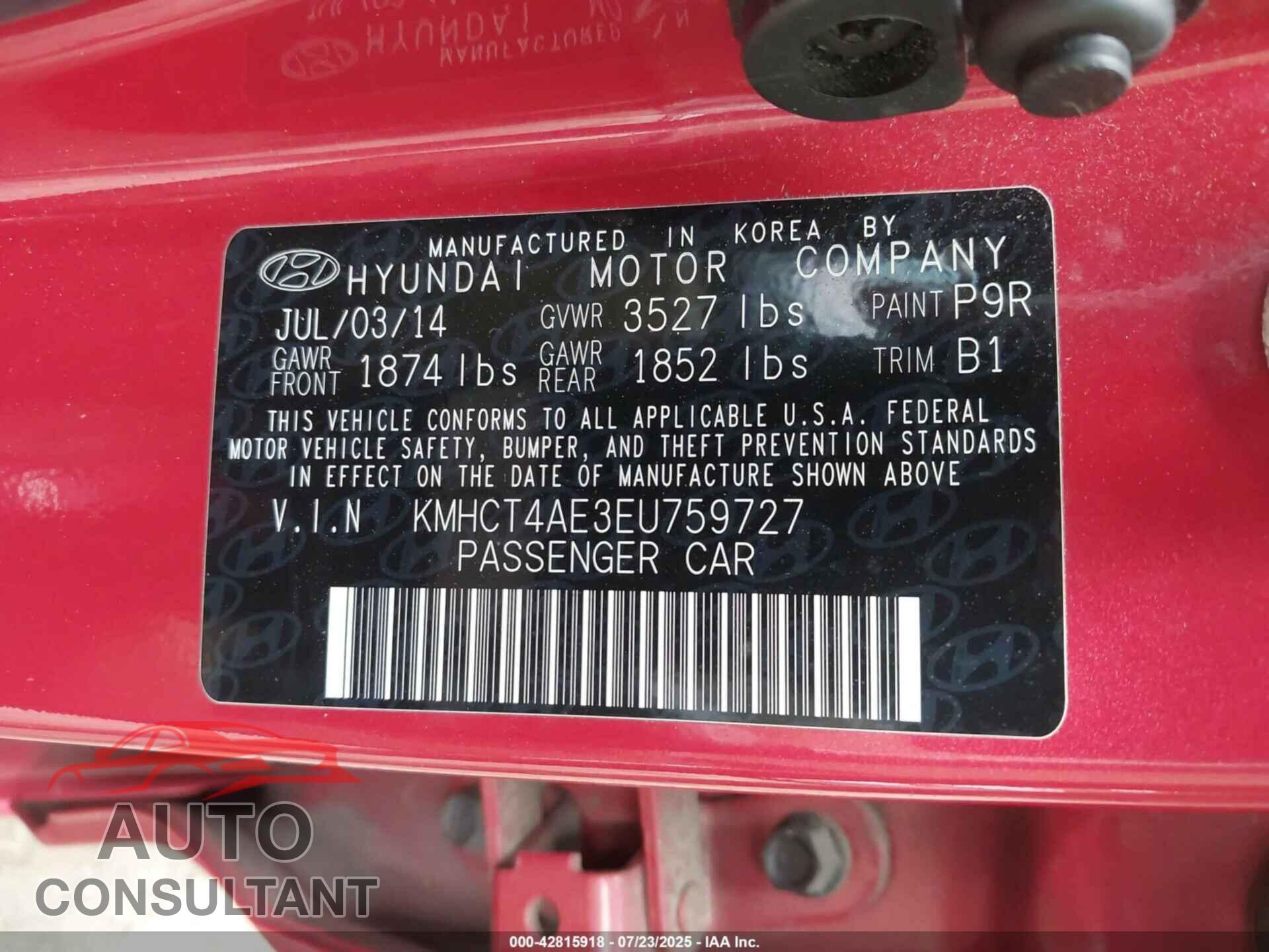 HYUNDAI ACCENT 2014 - KMHCT4AE3EU759727