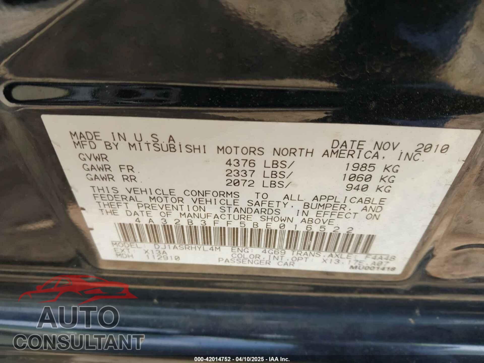 MITSUBISHI GALANT 2011 - 4A32B3FF5BE016522
