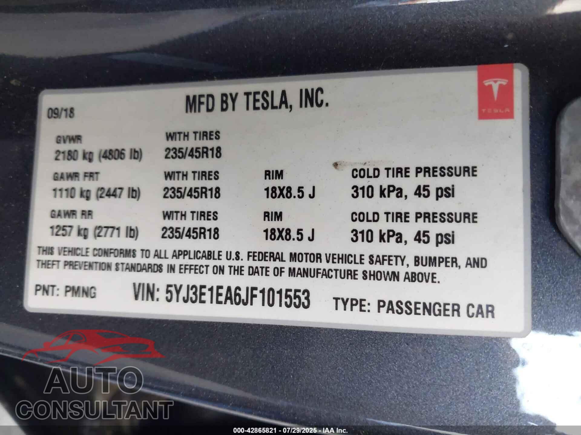 TESLA MODEL 3 2018 - 5YJ3E1EA6JF101553
