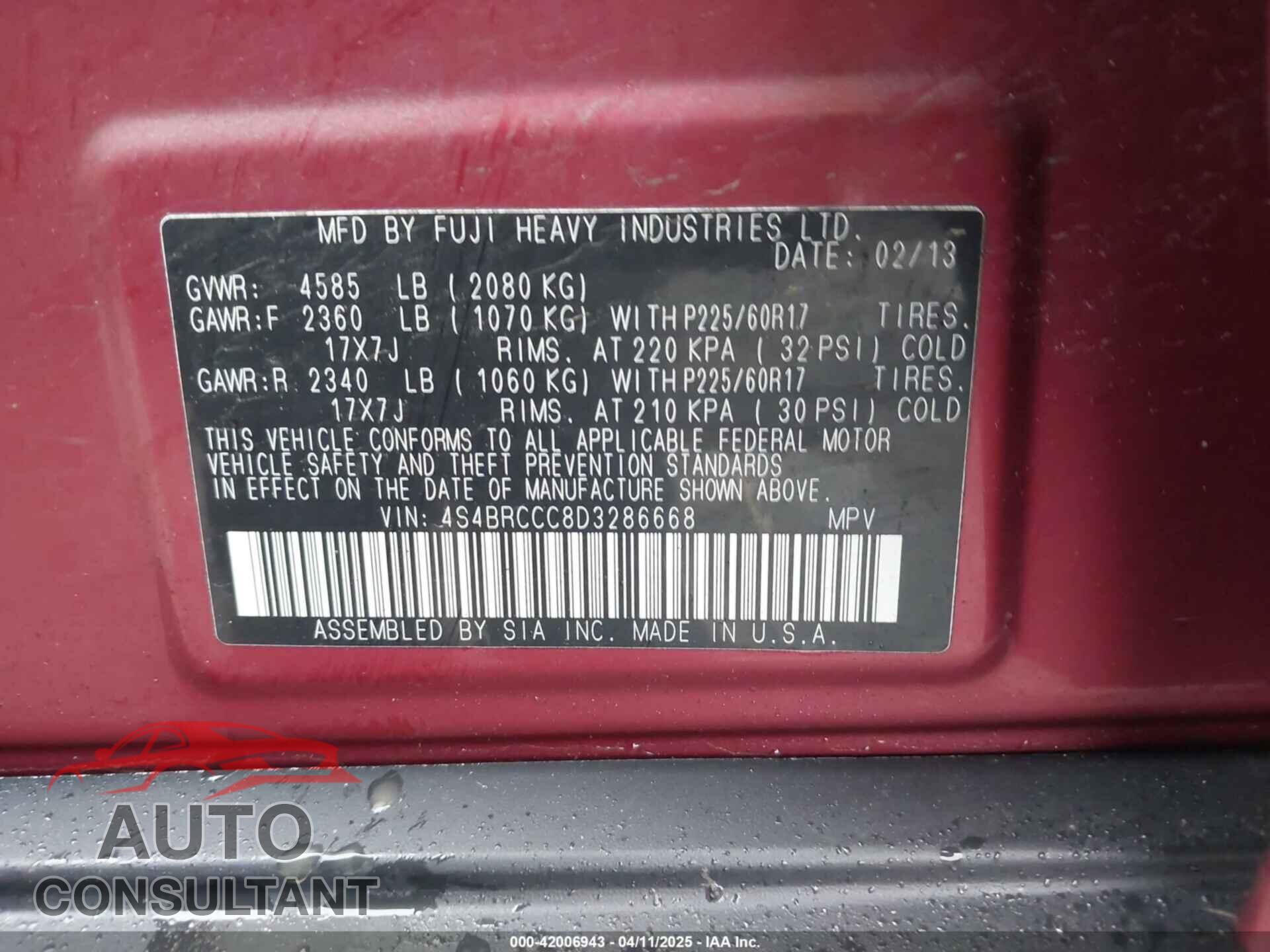 SUBARU OUTBACK 2013 - 4S4BRCCC8D3286668