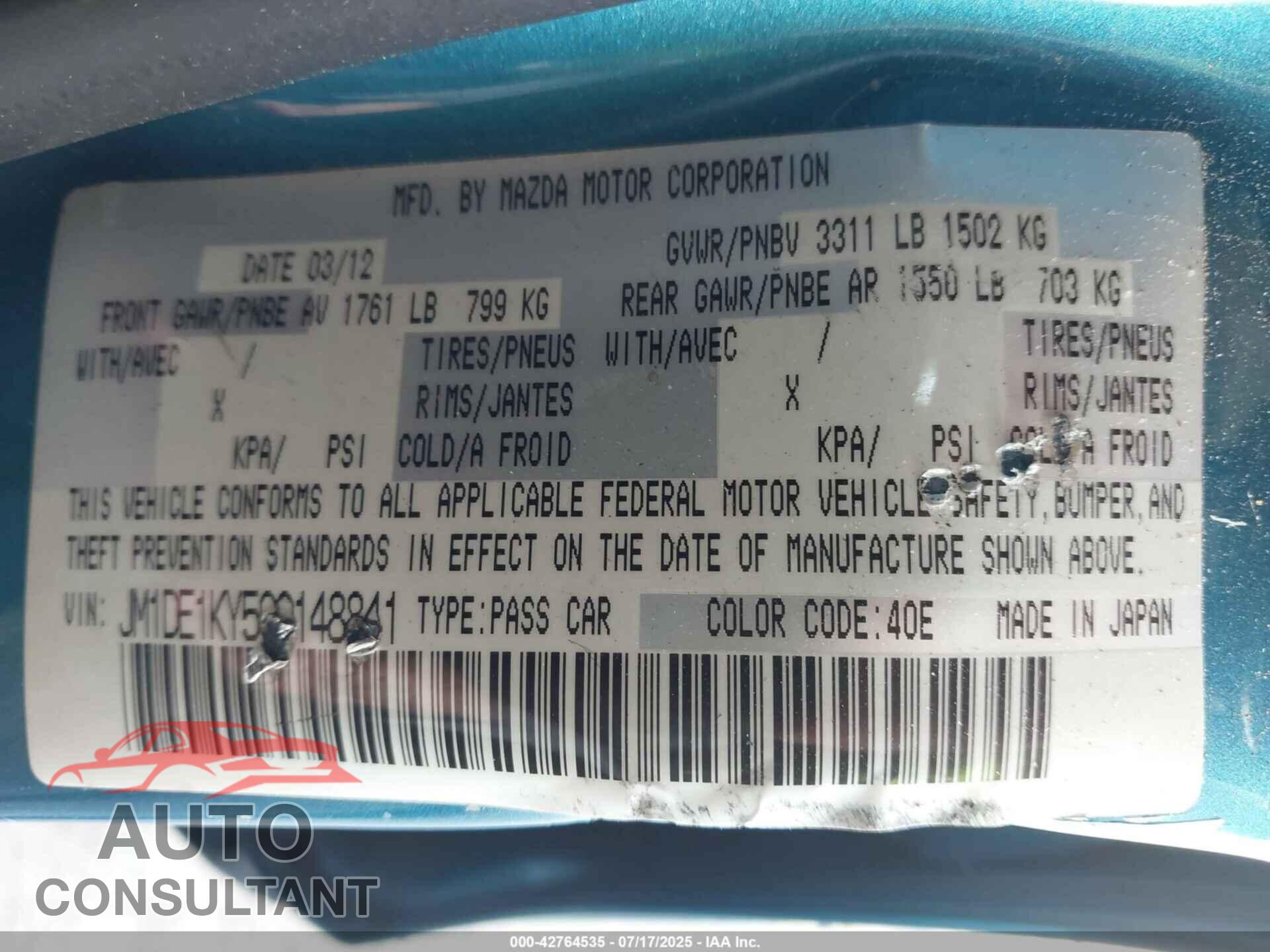 MAZDA MAZDA2 2012 - JM1DE1KY5C0148841