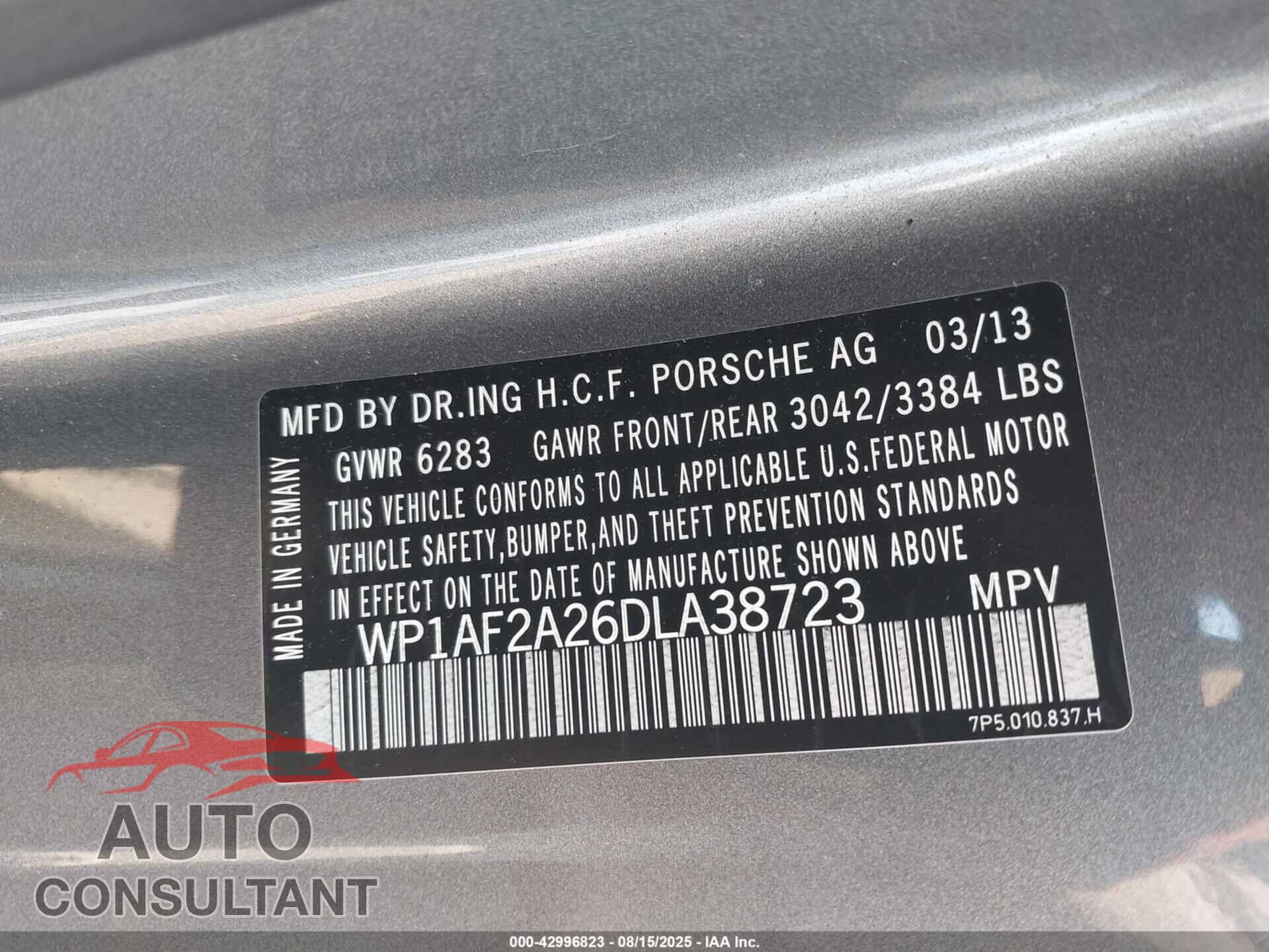 PORSCHE CAYENNE 2013 - WP1AF2A26DLA38723