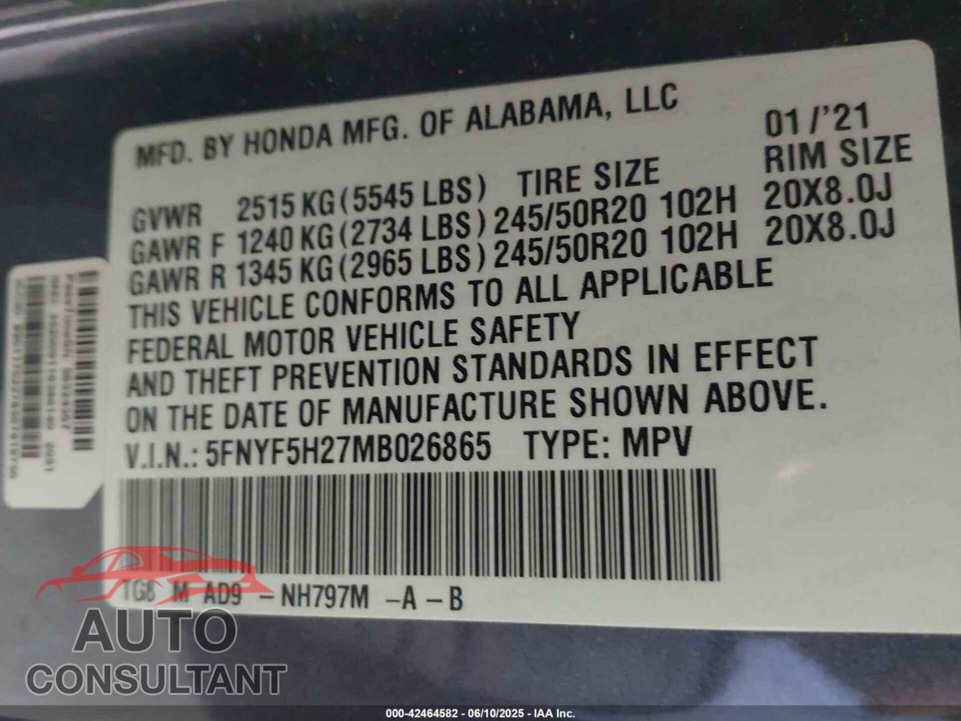 HONDA PILOT 2021 - 5FNYF5H27MB026865