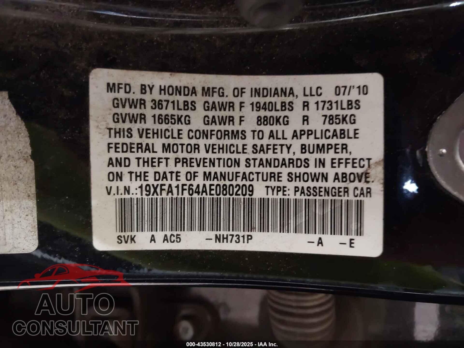 HONDA CIVIC 2010 - 19XFA1F64AE080209