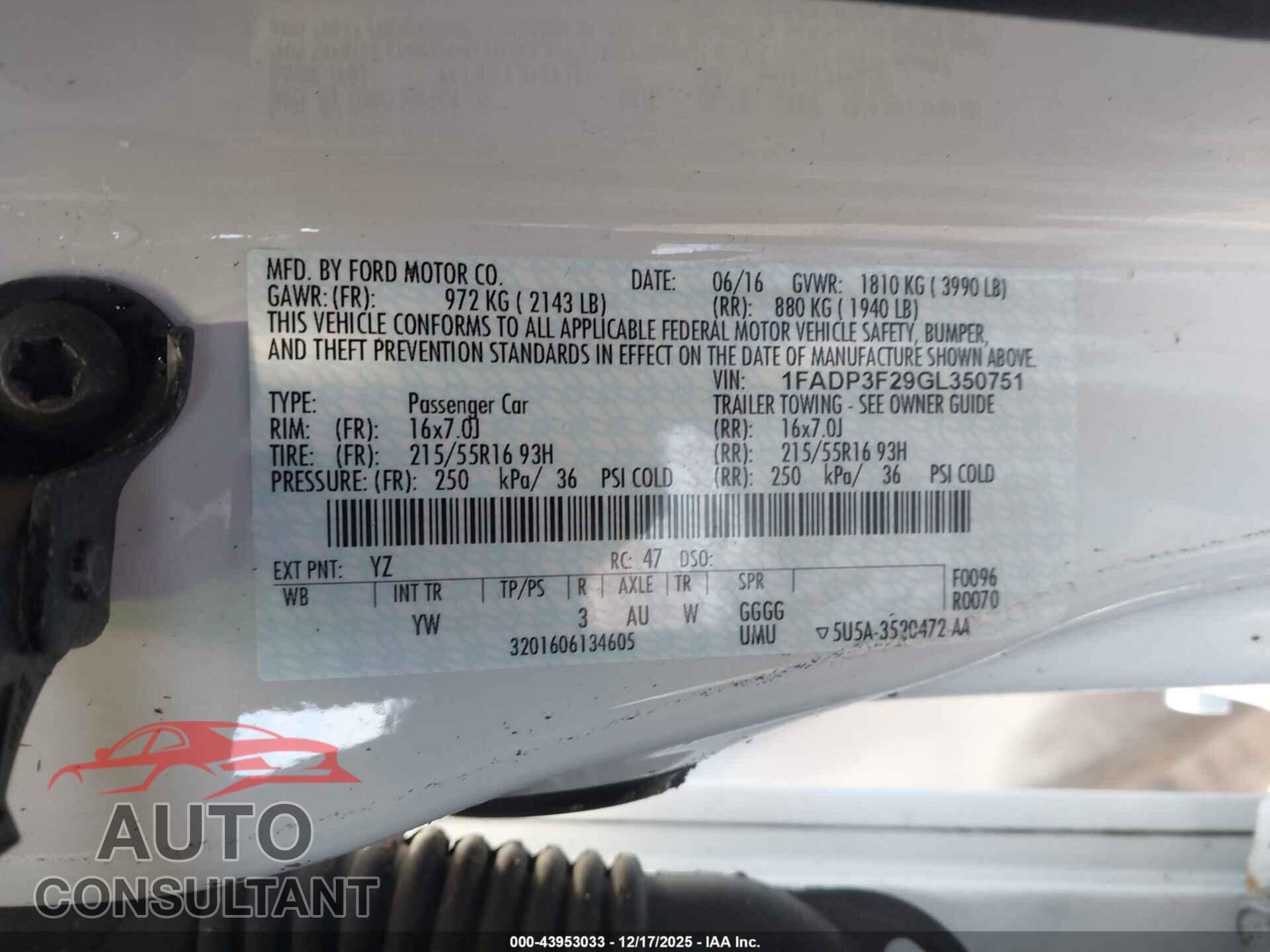 FORD FOCUS 2016 - 1FADP3F29GL350751