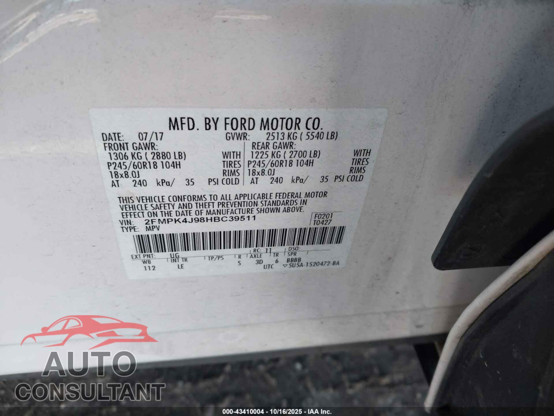 FORD EDGE 2017 - 2FMPK4J98HBC39511