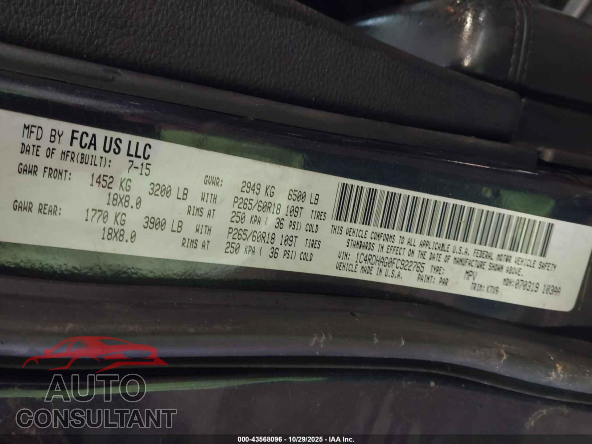 DODGE DURANGO 2015 - 1C4RDHAG0FC922765