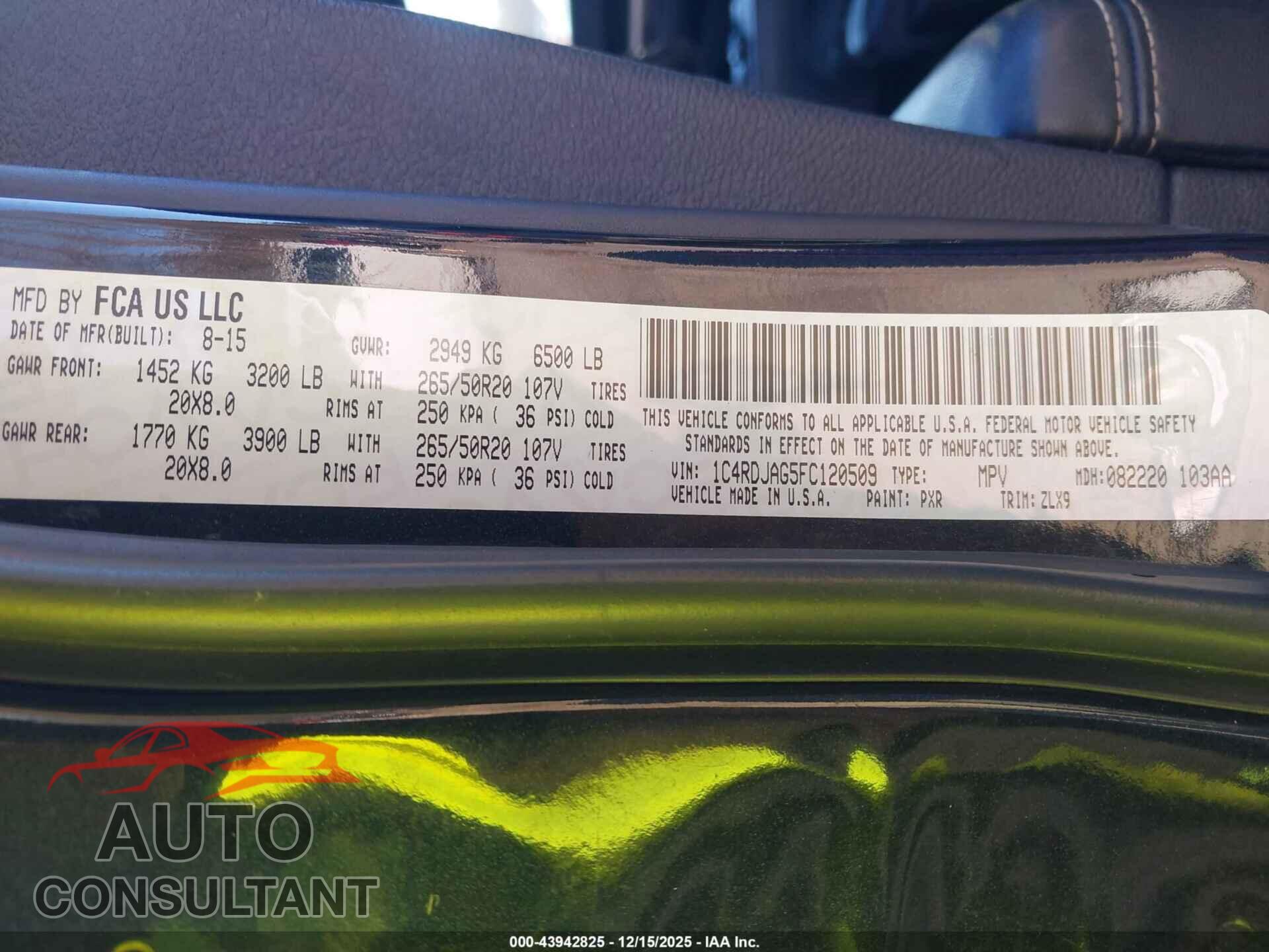 DODGE DURANGO 2015 - 1C4RDJAG5FC120509