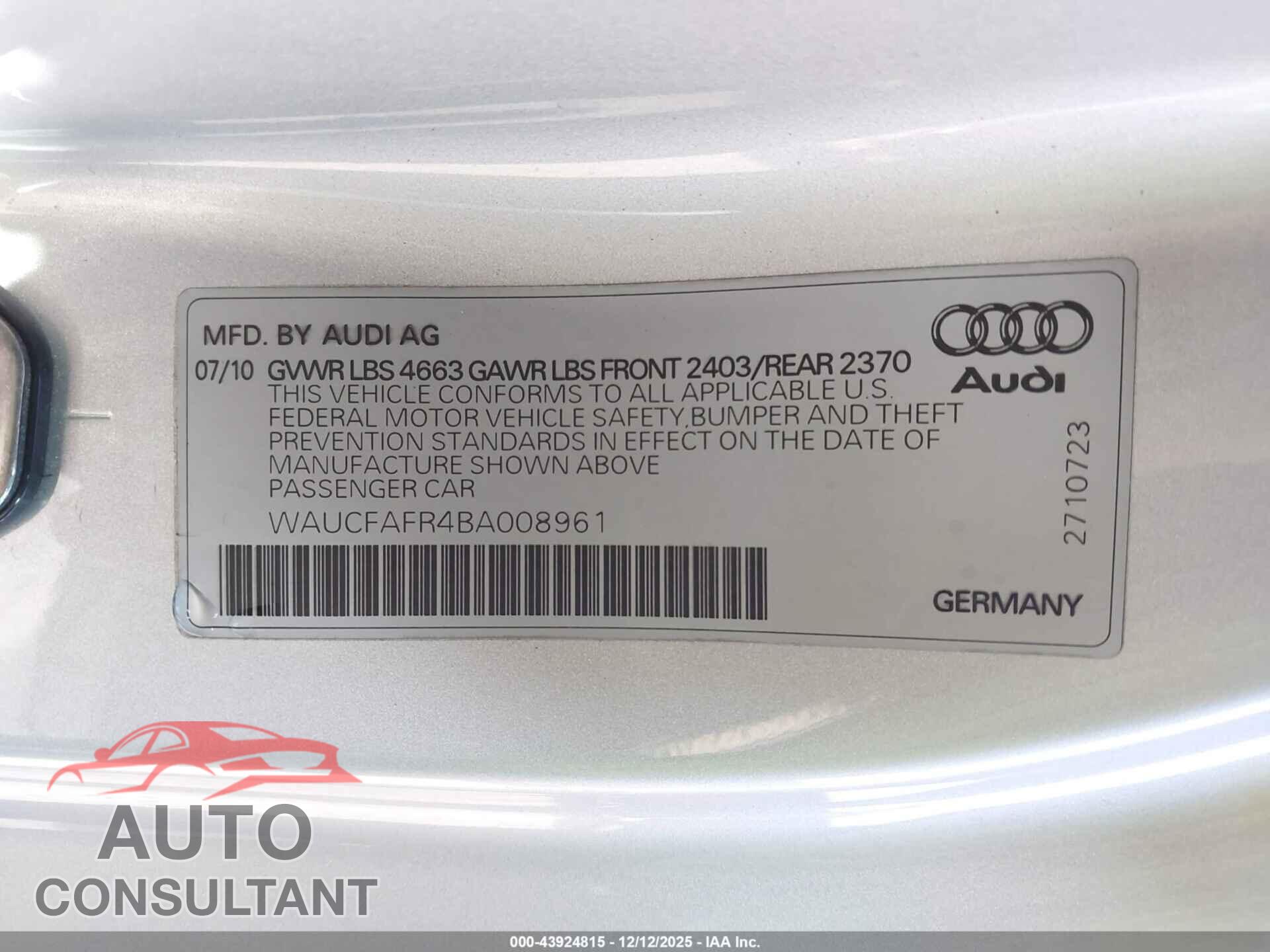 AUDI A5 2011 - WAUCFAFR4BA008961