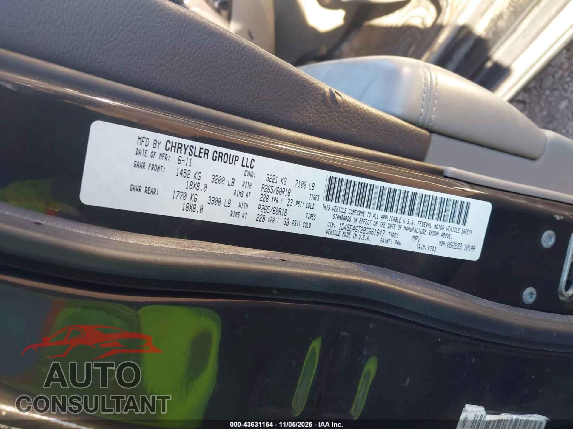DODGE DURANGO 2011 - 1D4SE4GT2BC661647