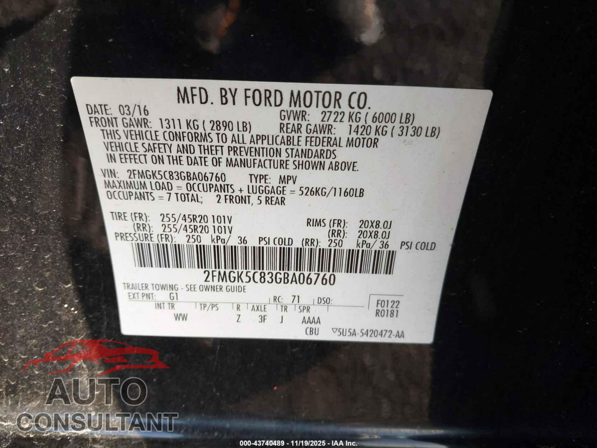 FORD FLEX 2016 - 2FMGK5C83GBA06760