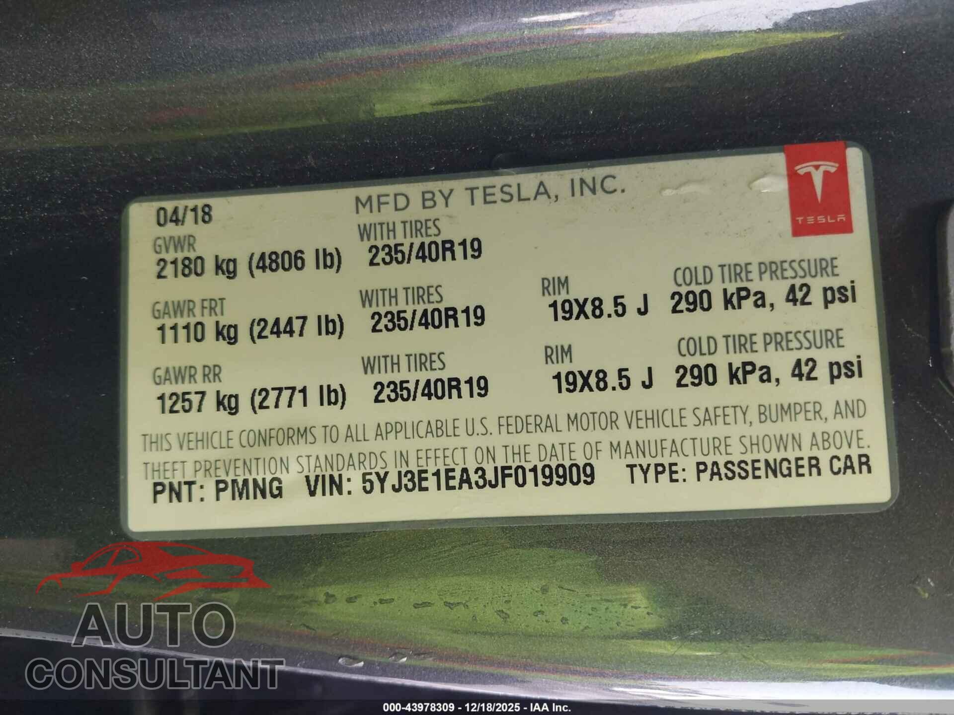 TESLA MODEL 3 2018 - 5YJ3E1EA3JF019909