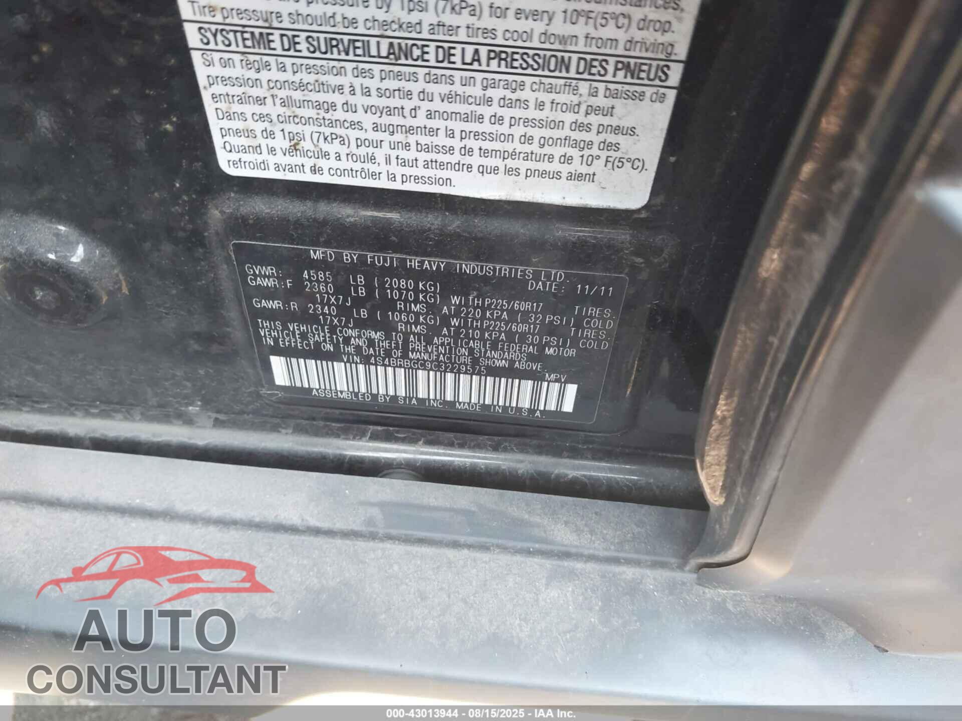 SUBARU OUTBACK 2012 - 4S4BRBGC9C3229575