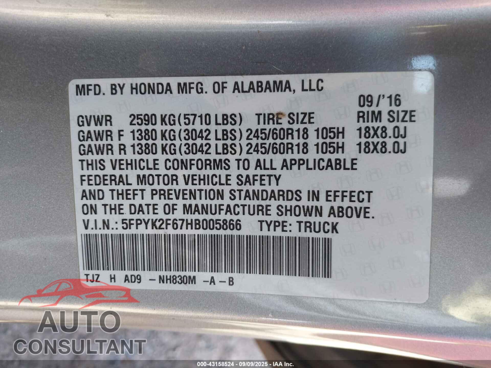 HONDA RIDGELINE 2017 - 5FPYK2F67HB005866