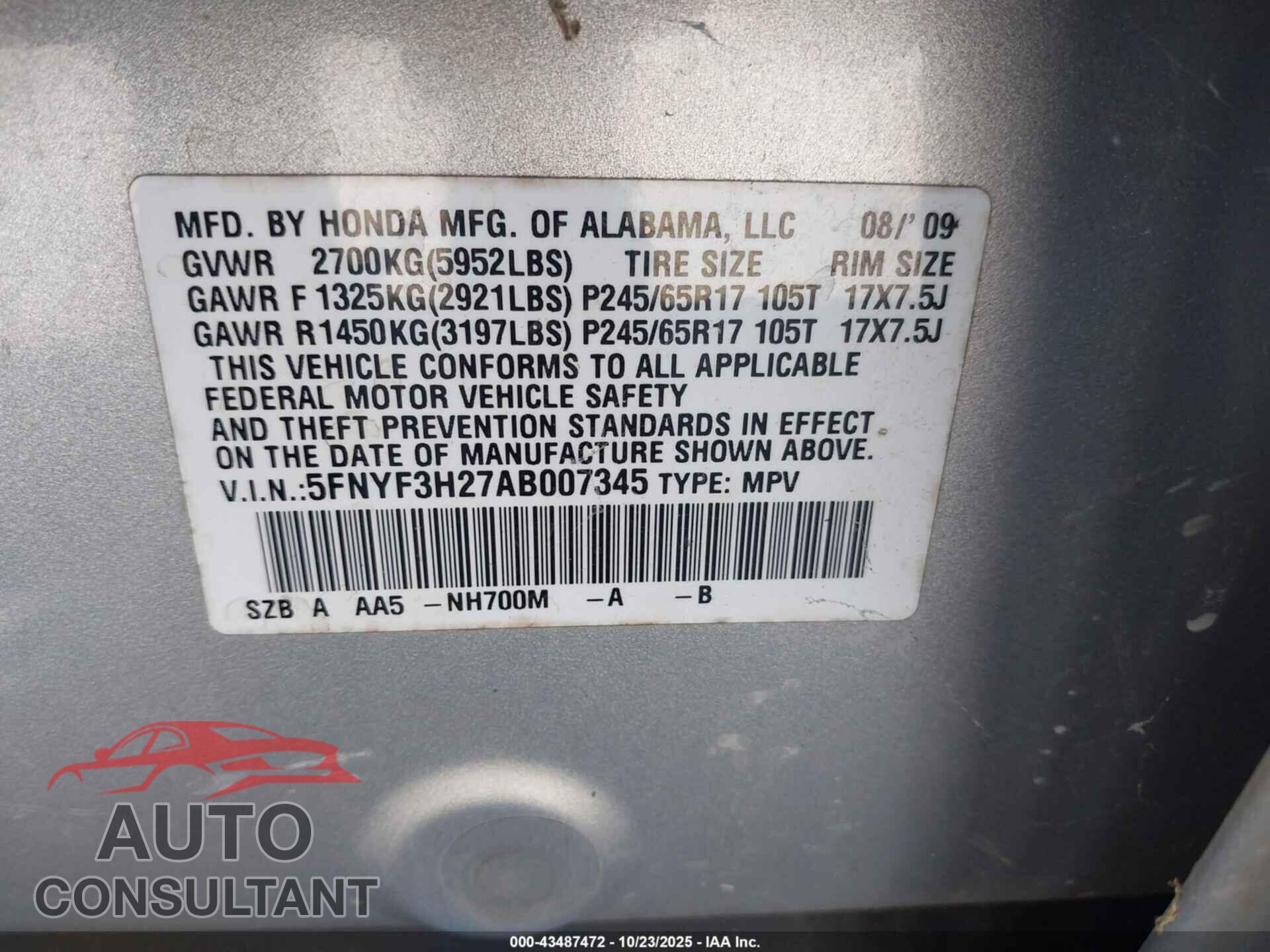 HONDA PILOT 2010 - 5FNYF3H27AB007345