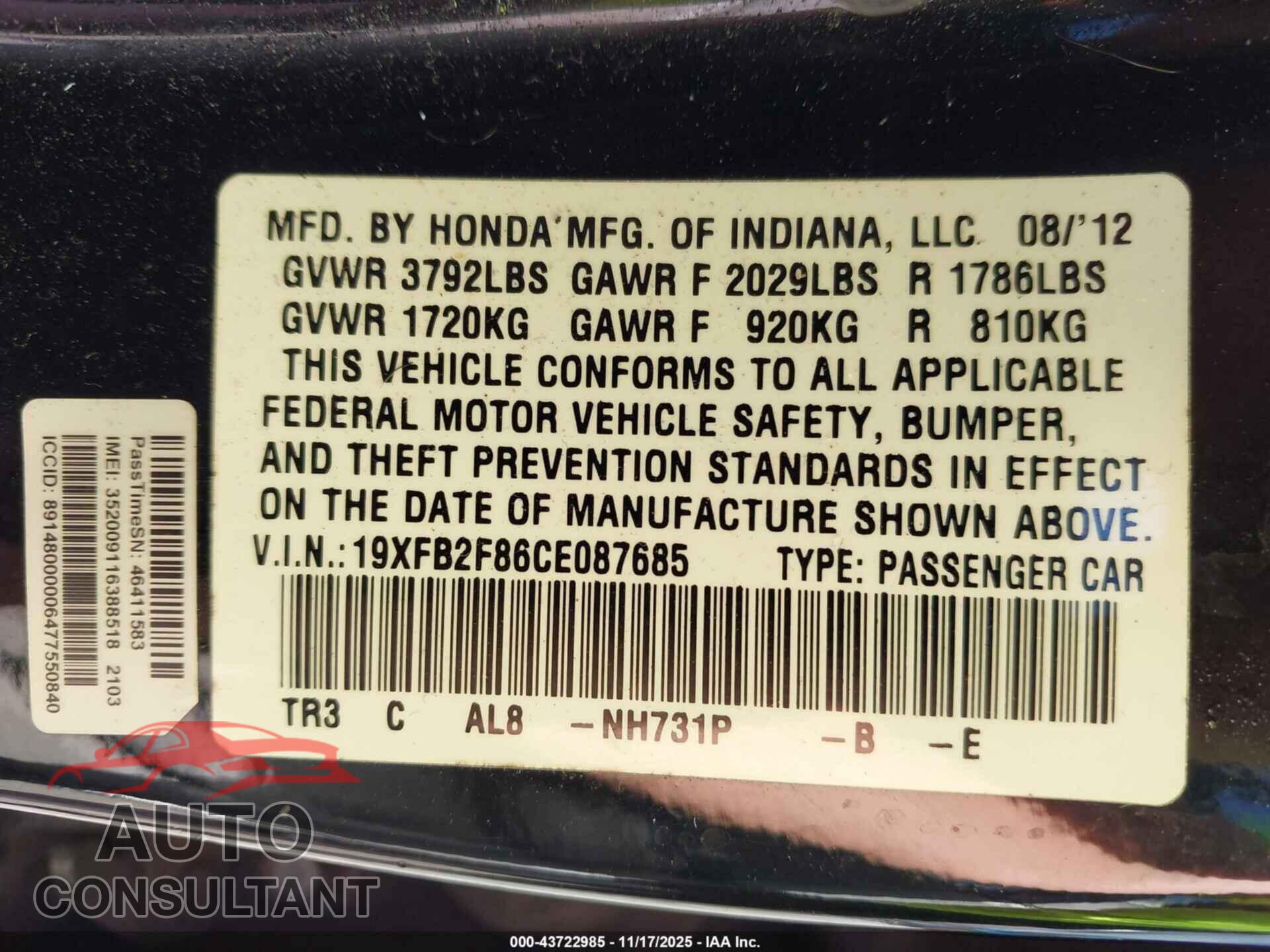HONDA CIVIC 2012 - 19XFB2F86CE087685