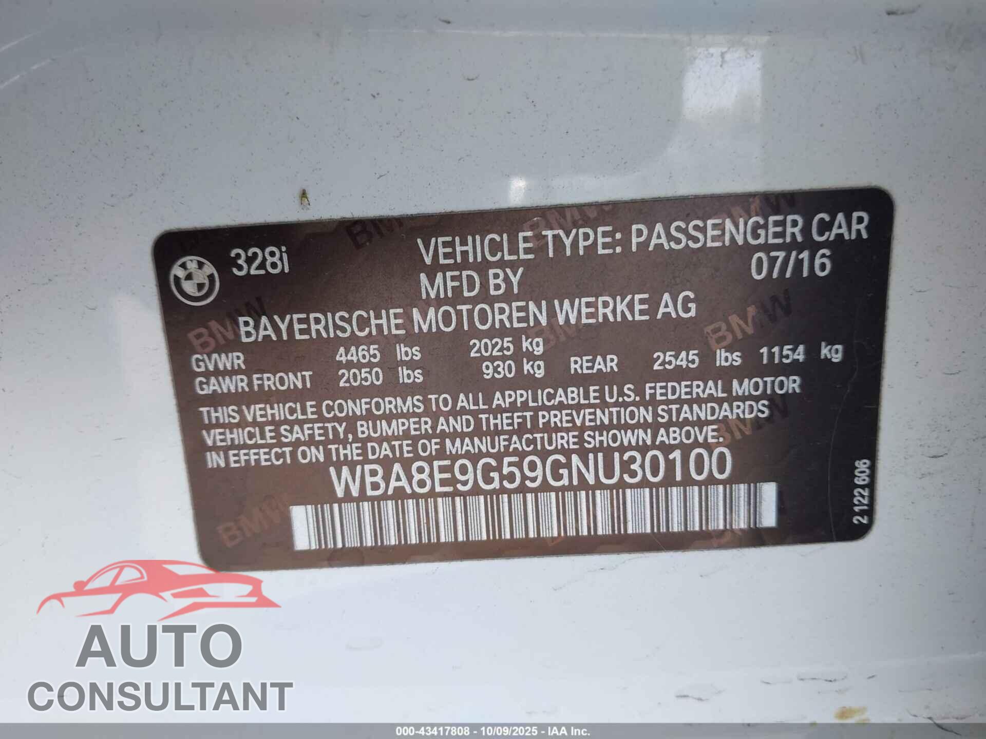 BMW 328I 2016 - WBA8E9G59GNU30100