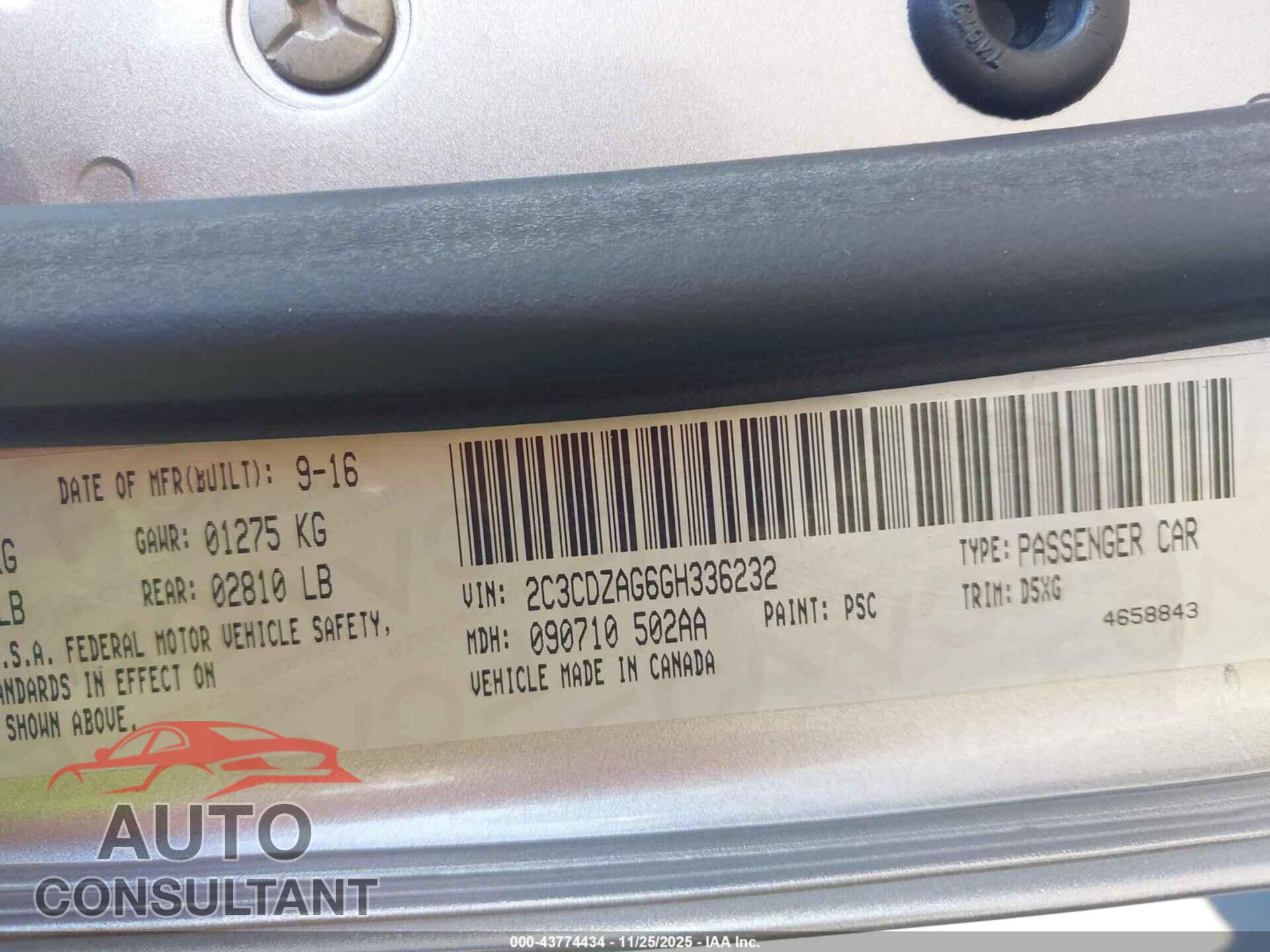 DODGE CHALLENGER 2016 - 2C3CDZAG6GH336232