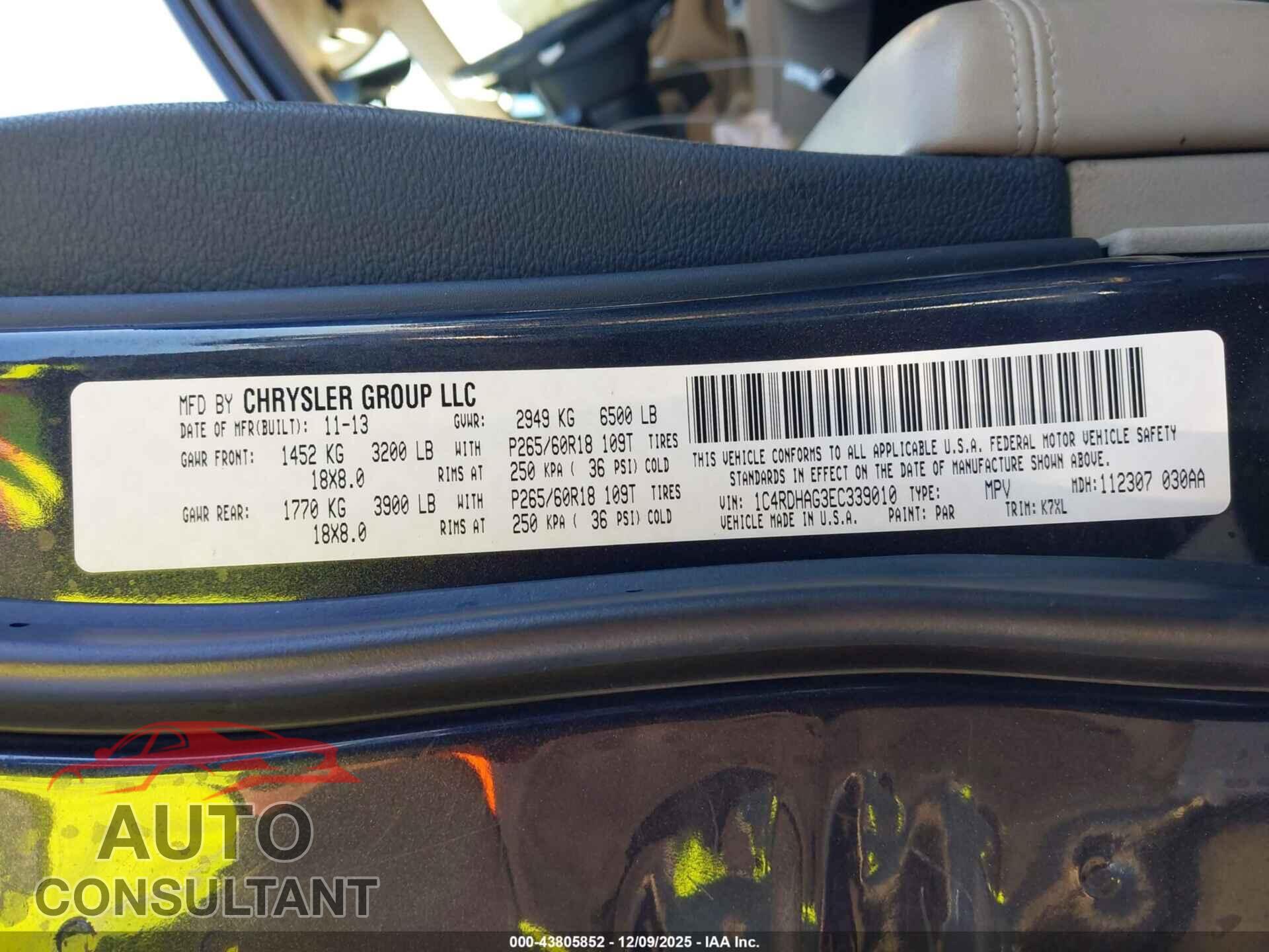 DODGE DURANGO 2014 - 1C4RDHAG3EC339010
