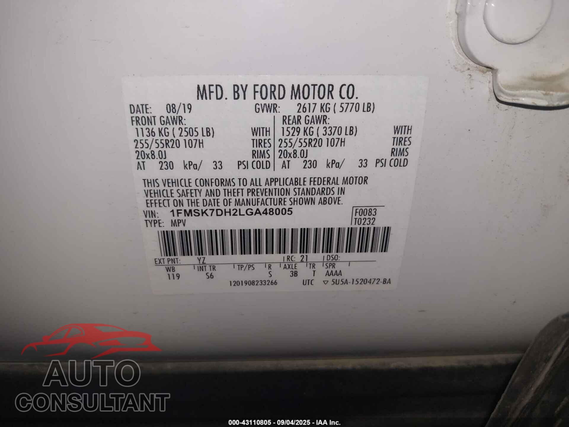 FORD EXPLORER 2020 - 1FMSK7DH2LGA48005