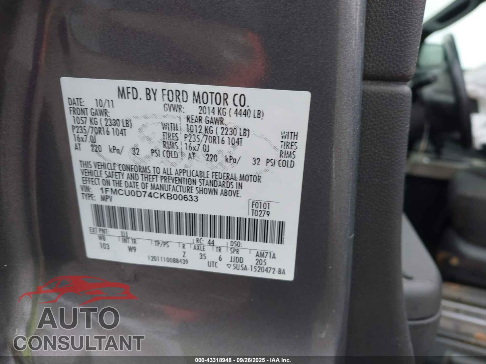 FORD ESCAPE 2012 - 1FMCU0D74CKB00633