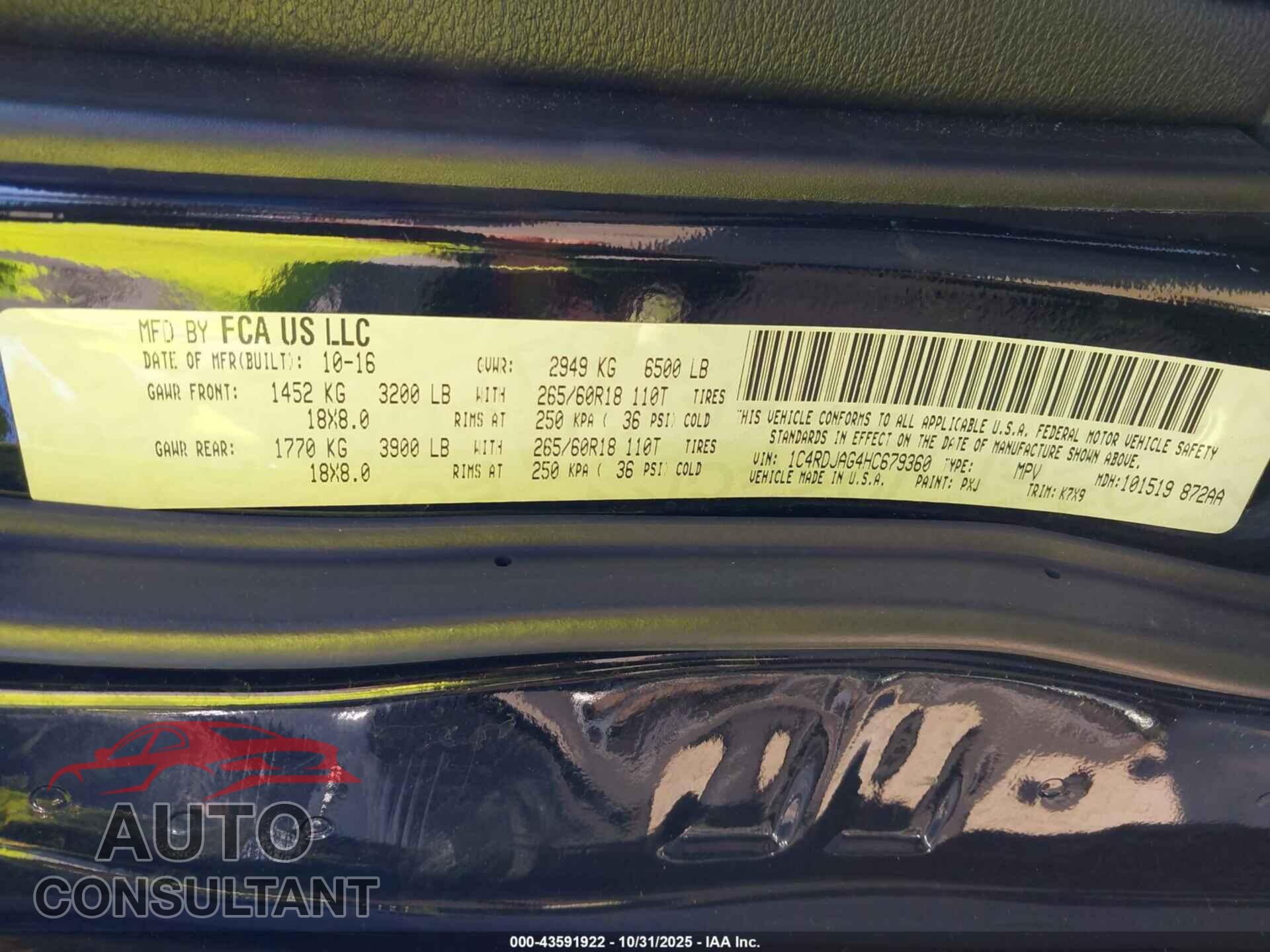 DODGE DURANGO 2017 - 1C4RDJAG4HC679360