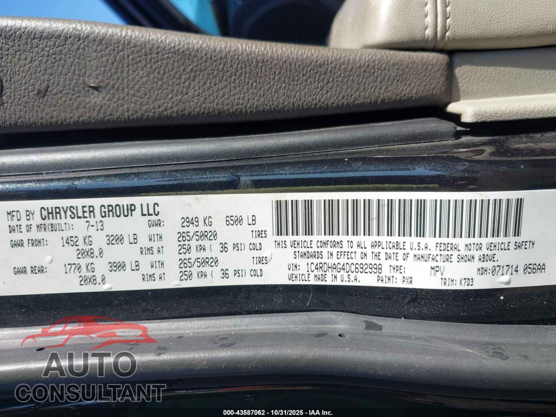 DODGE DURANGO 2013 - 1C4RDHAG4DC692998