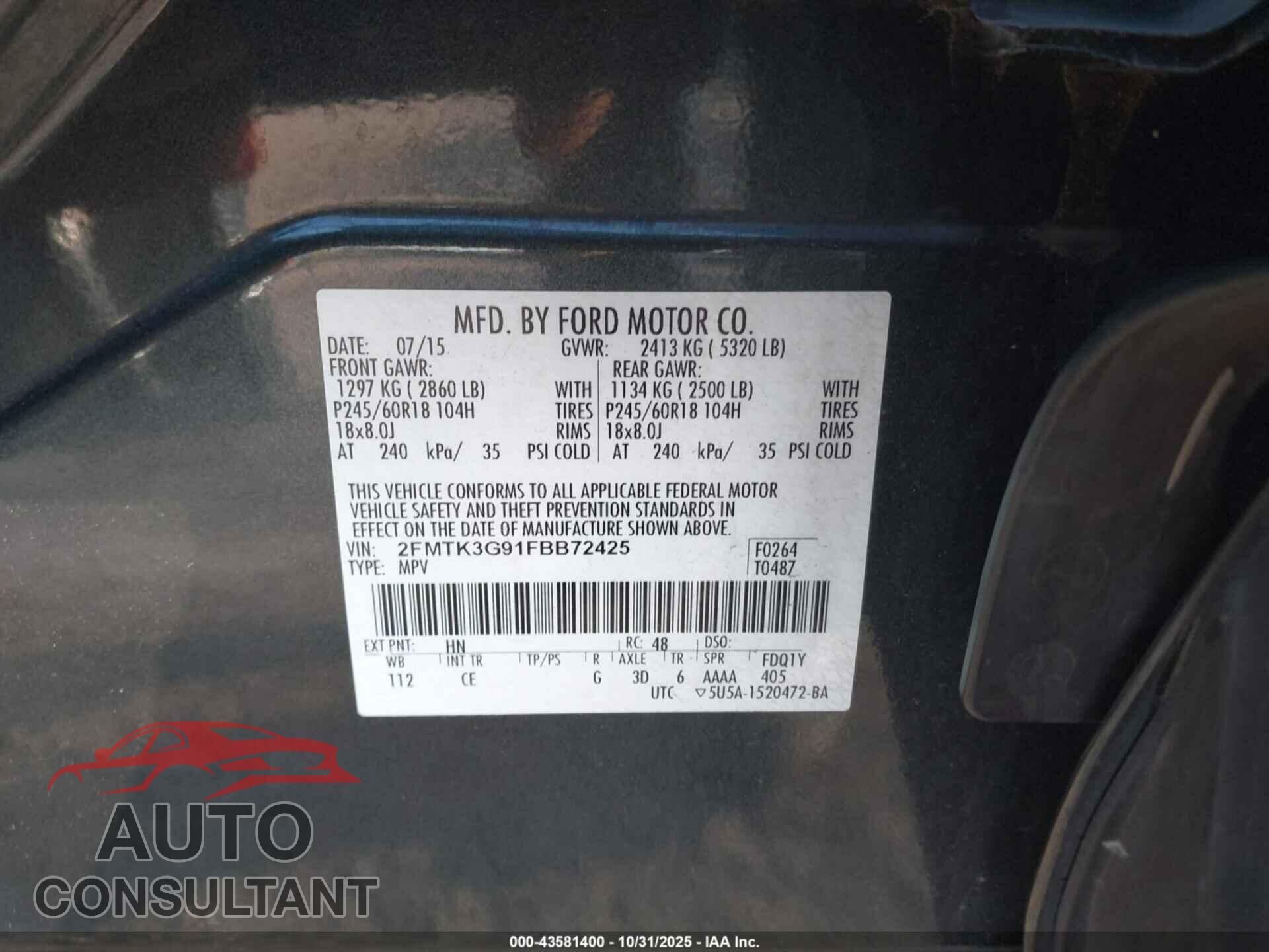 FORD EDGE 2015 - 2FMTK3G91FBB72425
