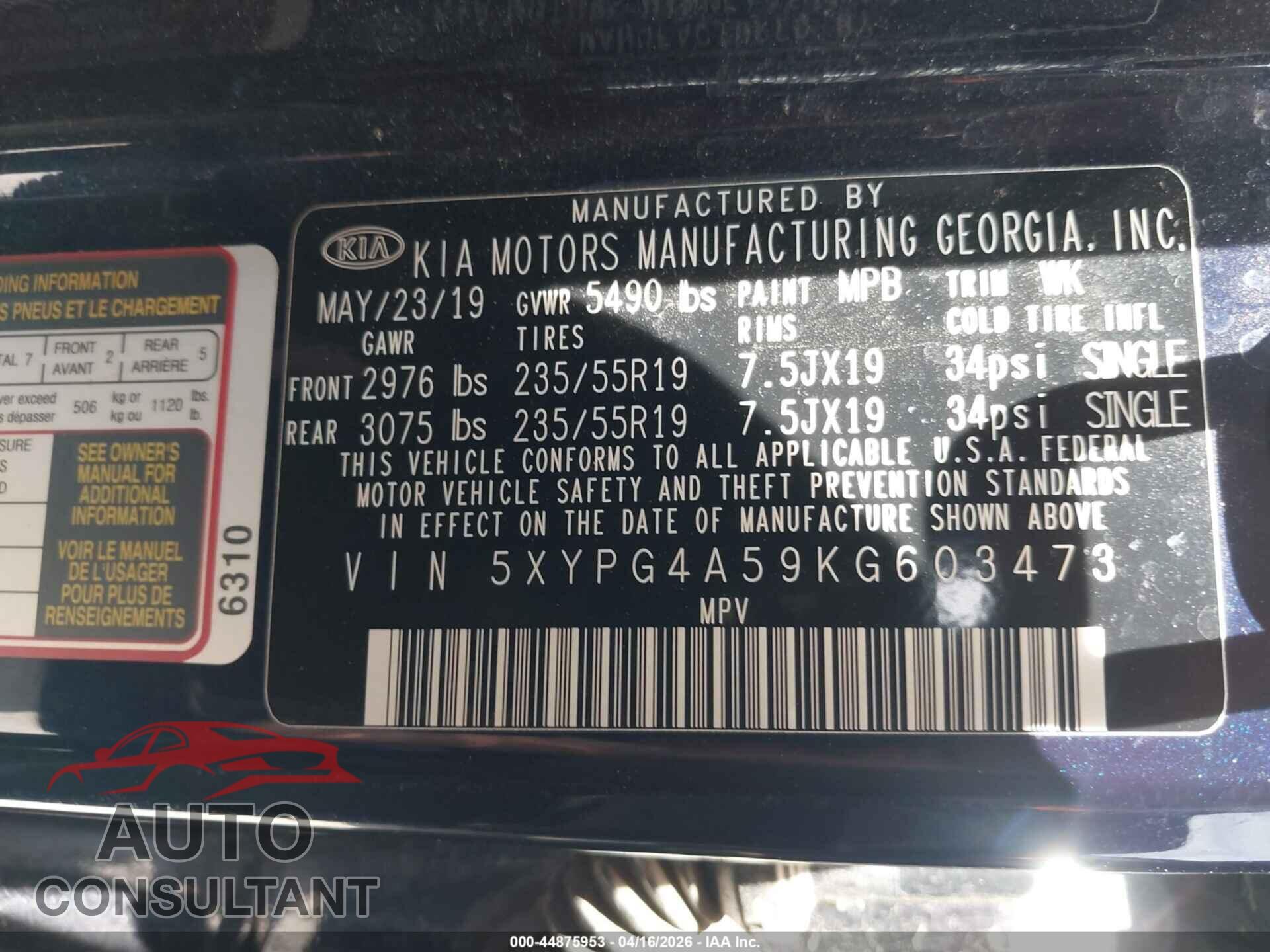 KIA SORENTO 2019 - 5XYPG4A59KG603473