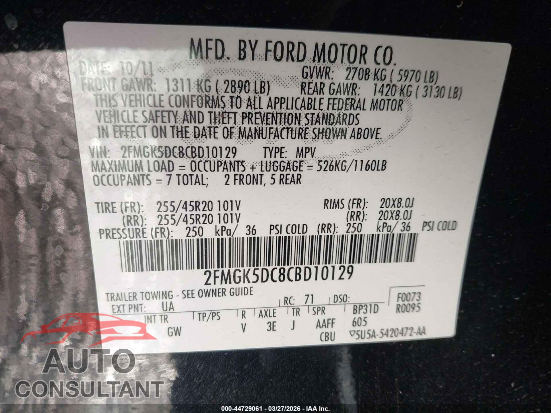 FORD FLEX 2012 - 2FMGK5DC8CBD10129