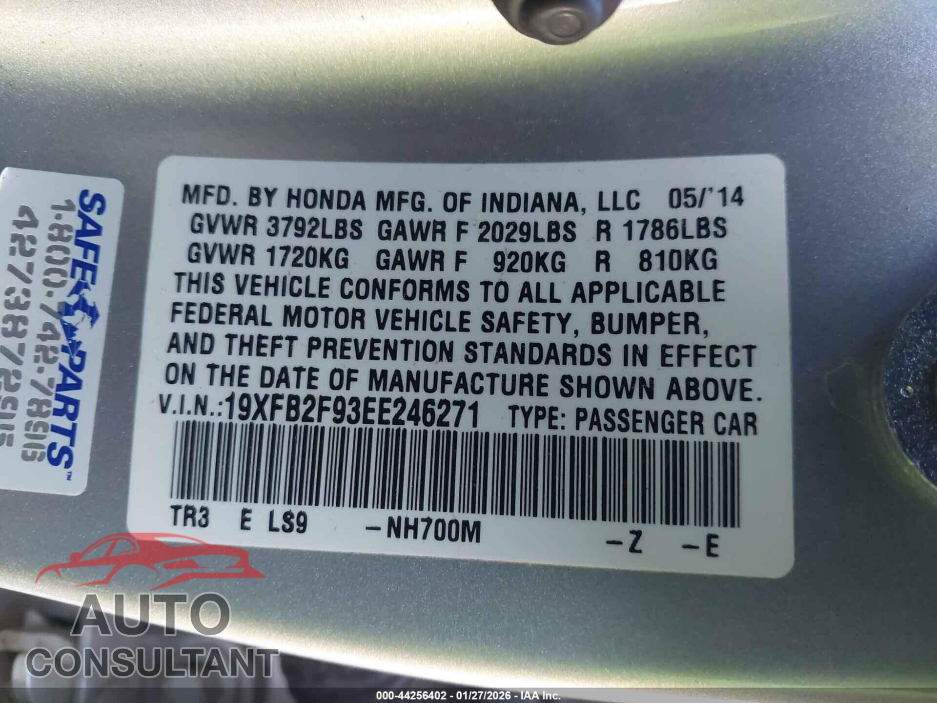 HONDA CIVIC 2014 - 19XFB2F93EE246271