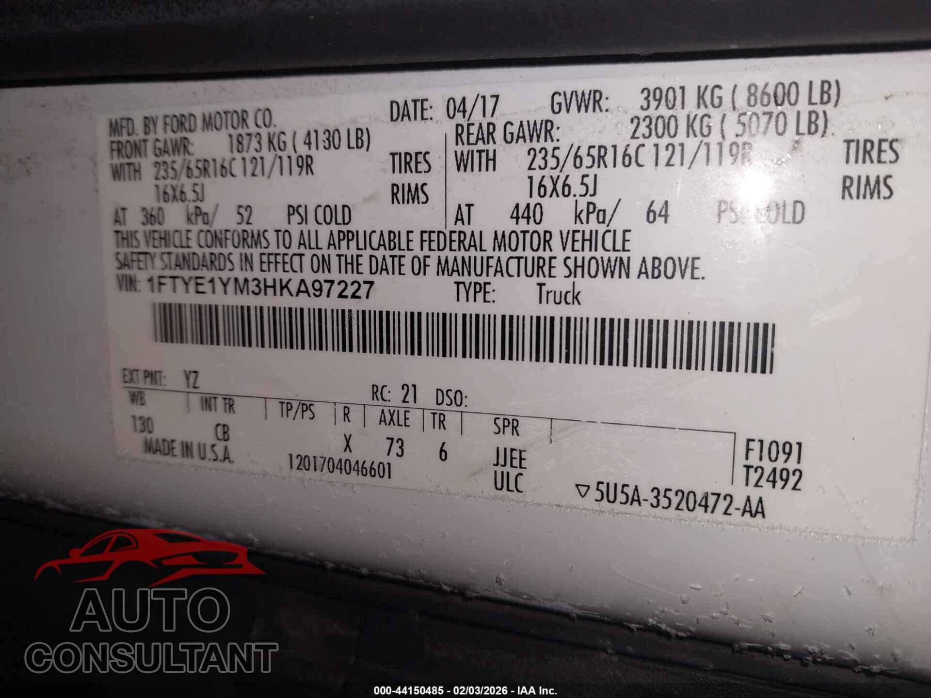 FORD TRANSIT-150 2017 - 1FTYE1YM3HKA97227
