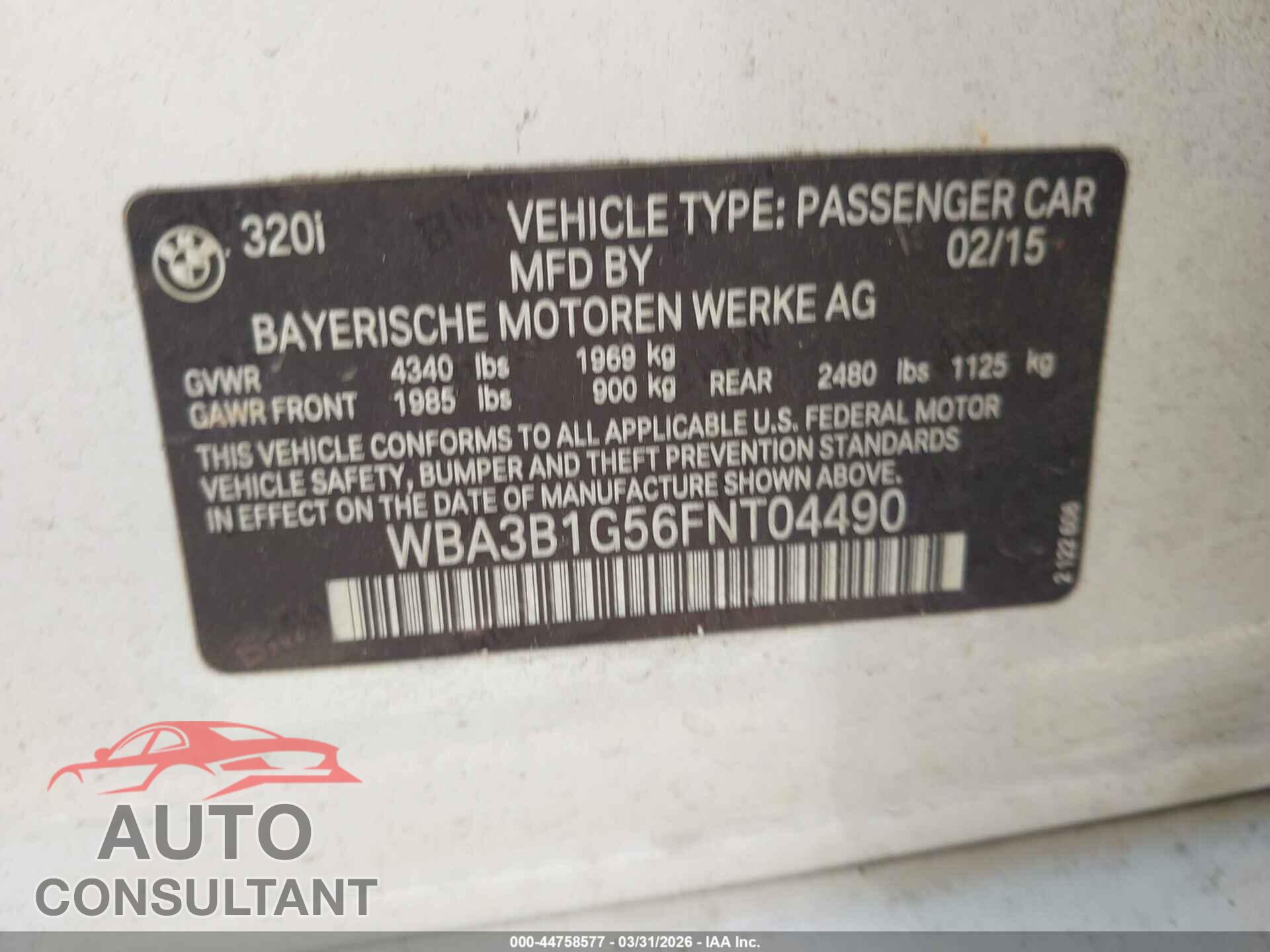 BMW 320I 2015 - WBA3B1G56FNT04490