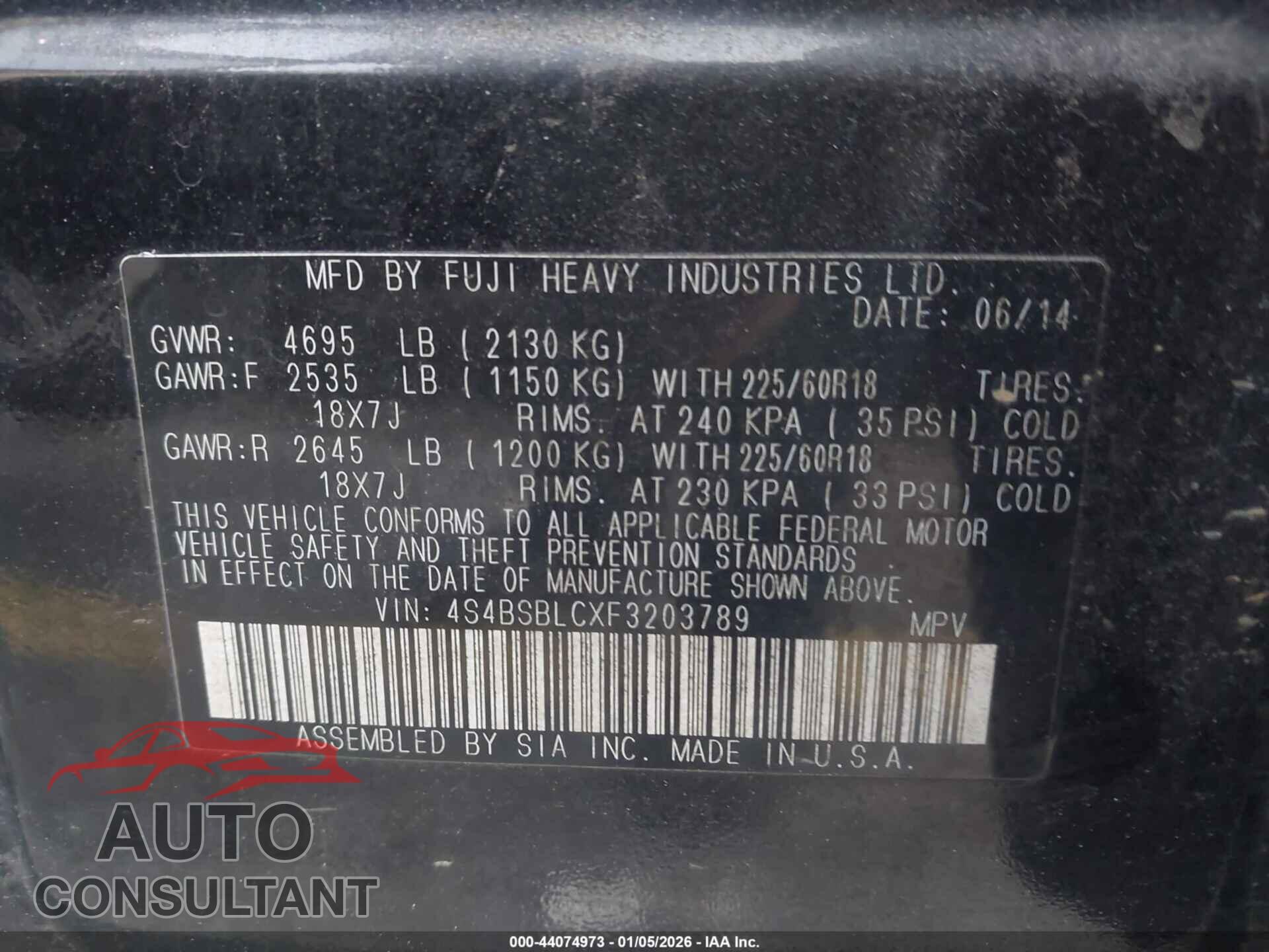 SUBARU OUTBACK 2015 - 4S4BSBLCXF3203789
