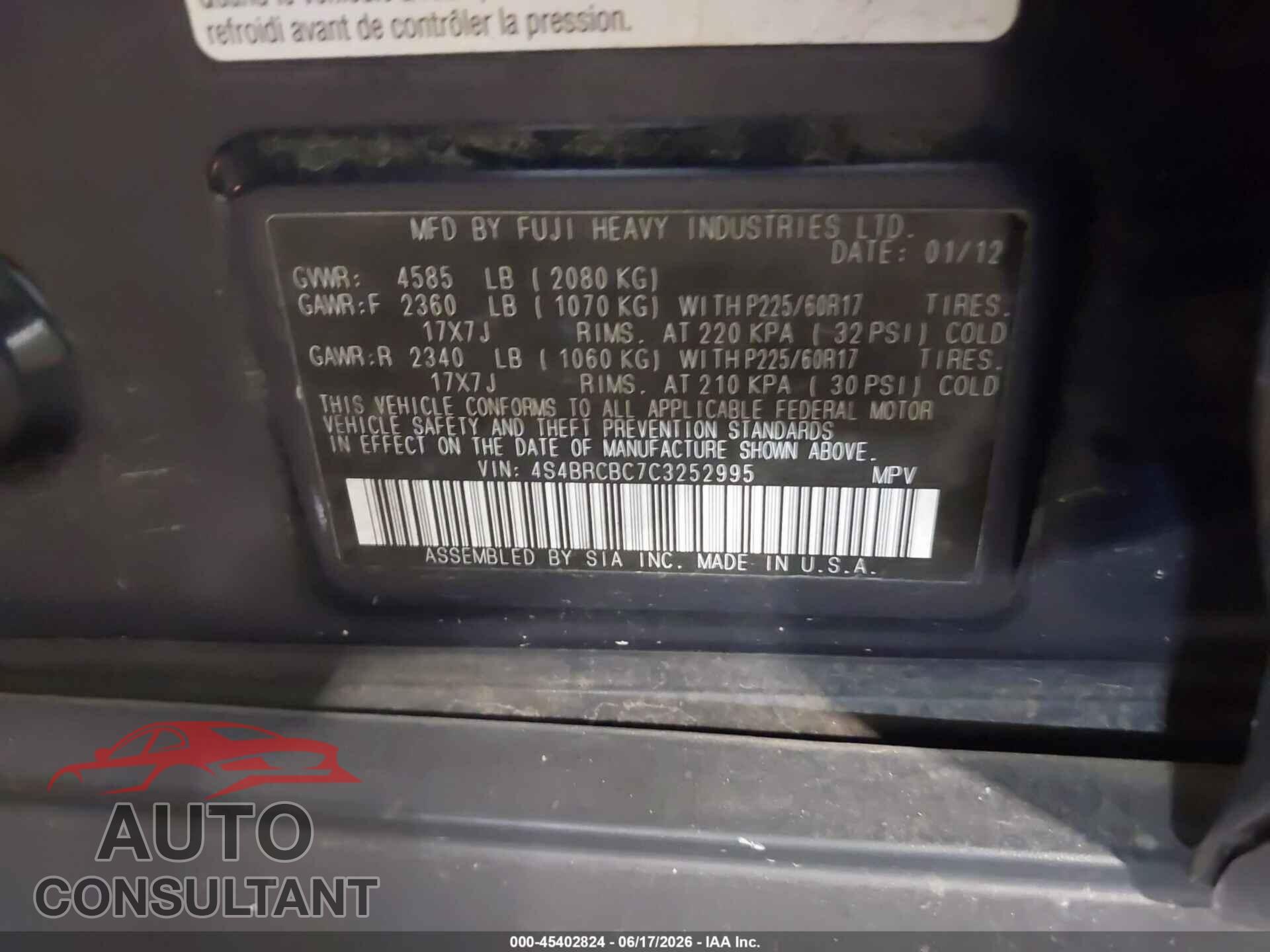SUBARU OUTBACK 2012 - 4S4BRCBC7C3252995