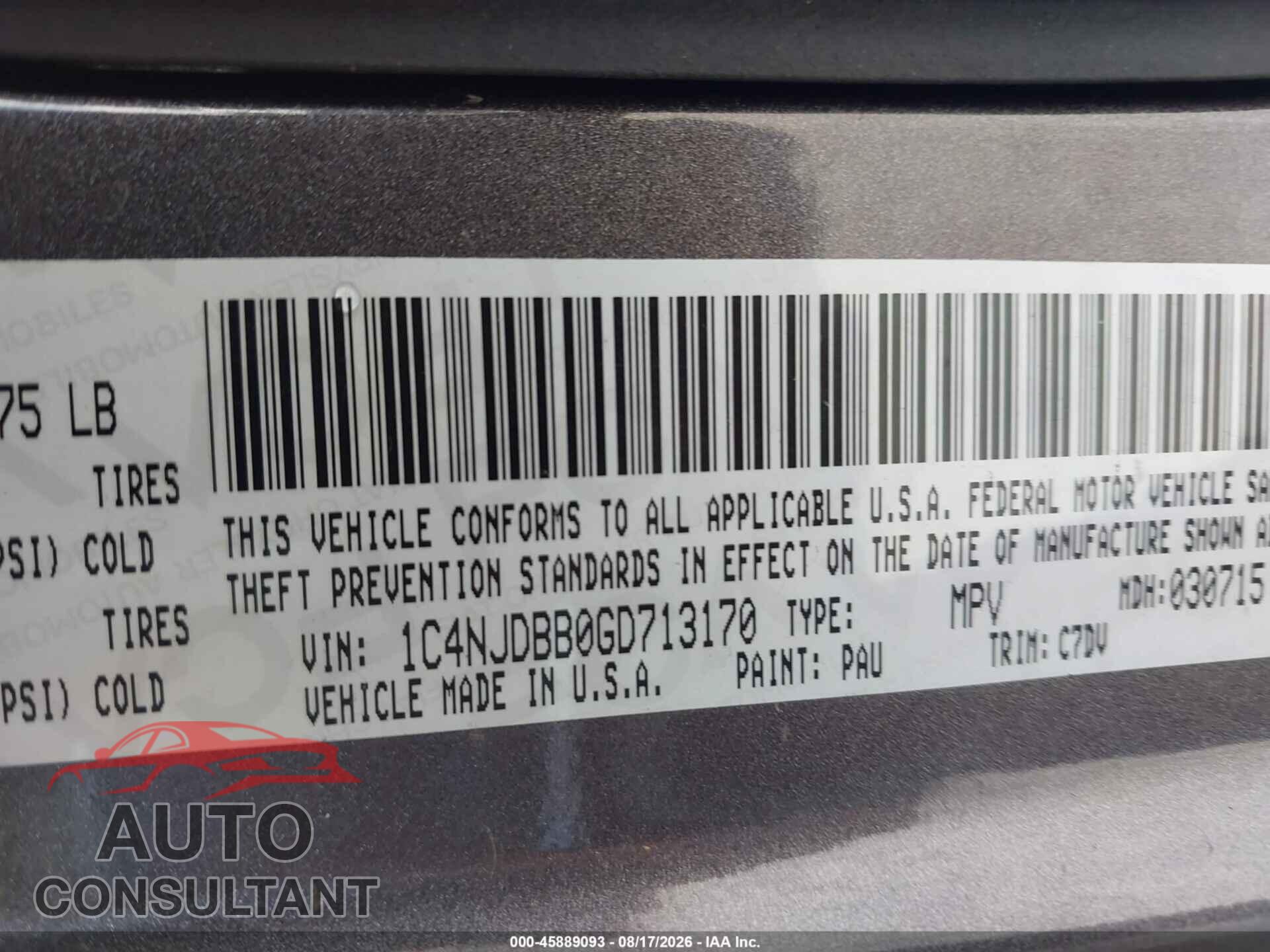 JEEP COMPASS 2016 - 1C4NJCEA6GD744601
