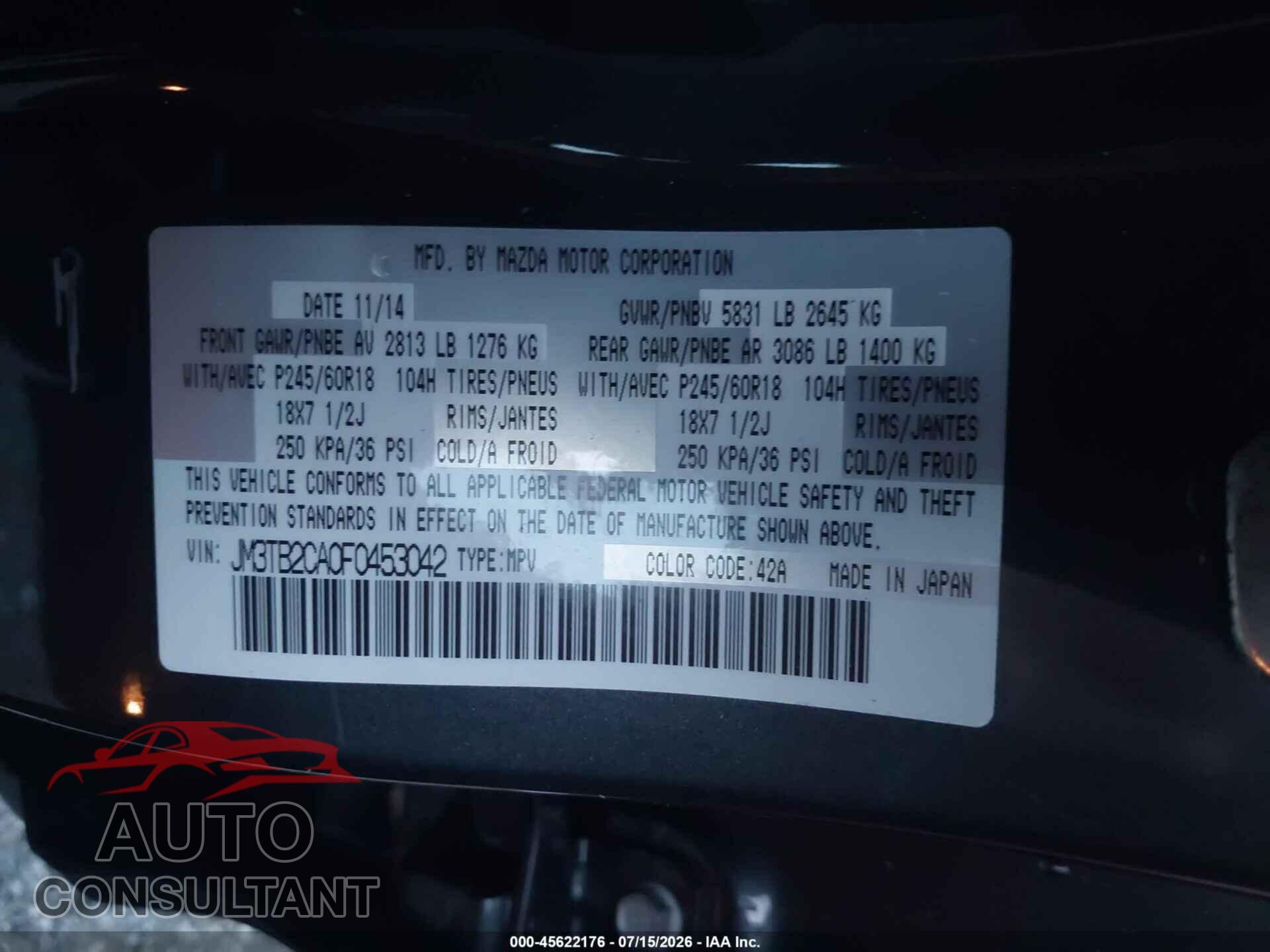 MAZDA CX-9 2015 - JM3TB2CA0F0453042
