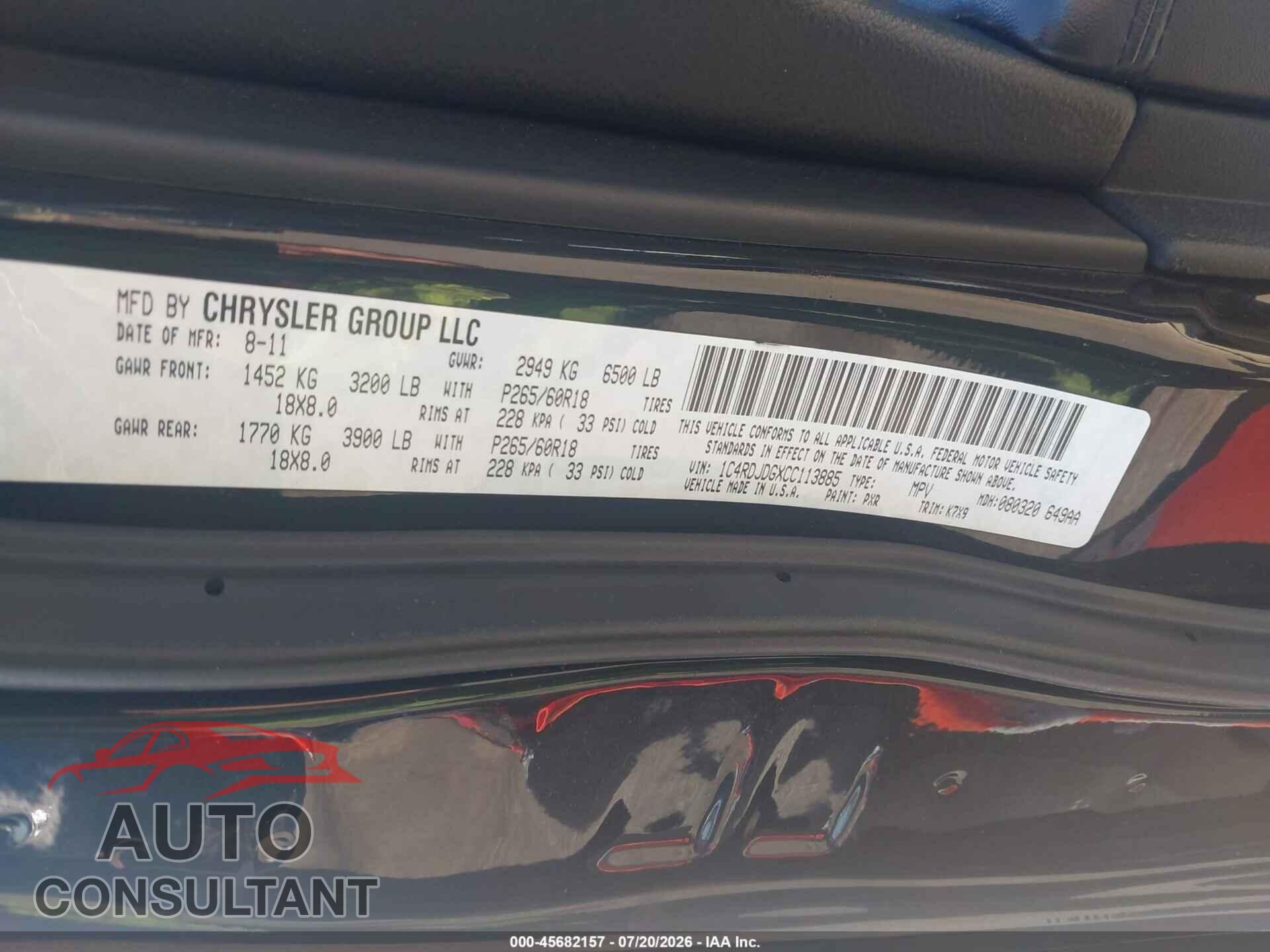 DODGE DURANGO 2012 - 1C4RDJDGXCC113885