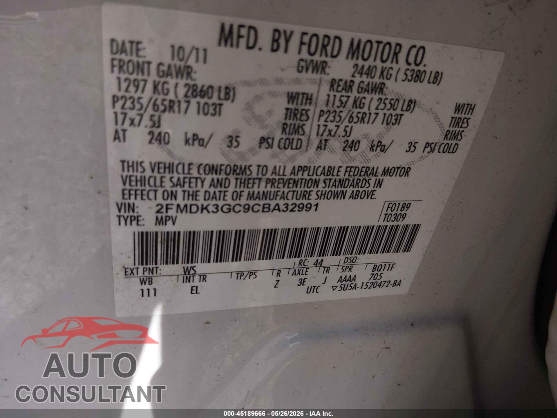 FORD EDGE 2012 - 2FMDK3GC9CBA32991