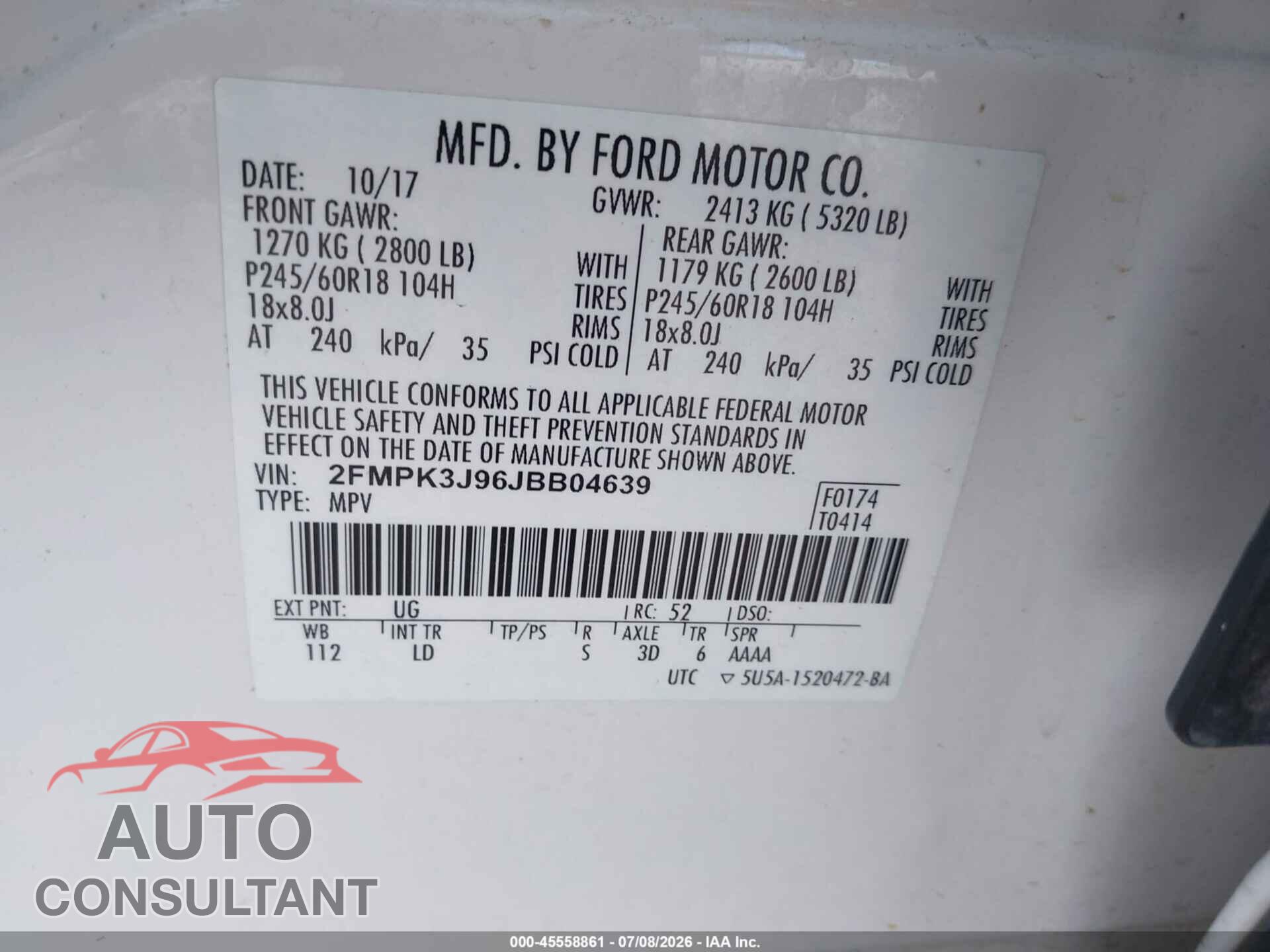 FORD EDGE 2018 - 2FMPK3J96JBB04639