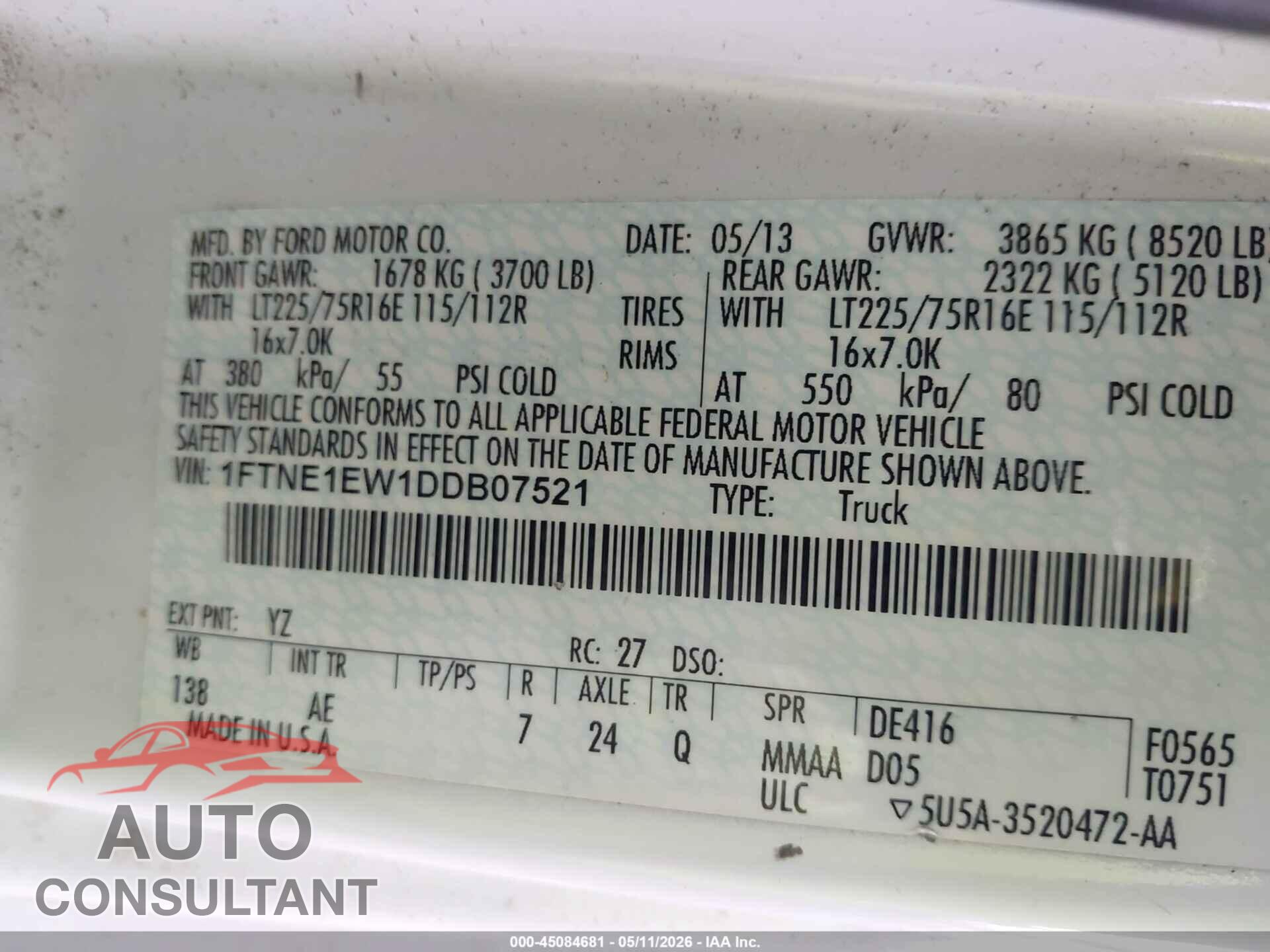 FORD E-150 2013 - 1FTNE1EW1DDB07521