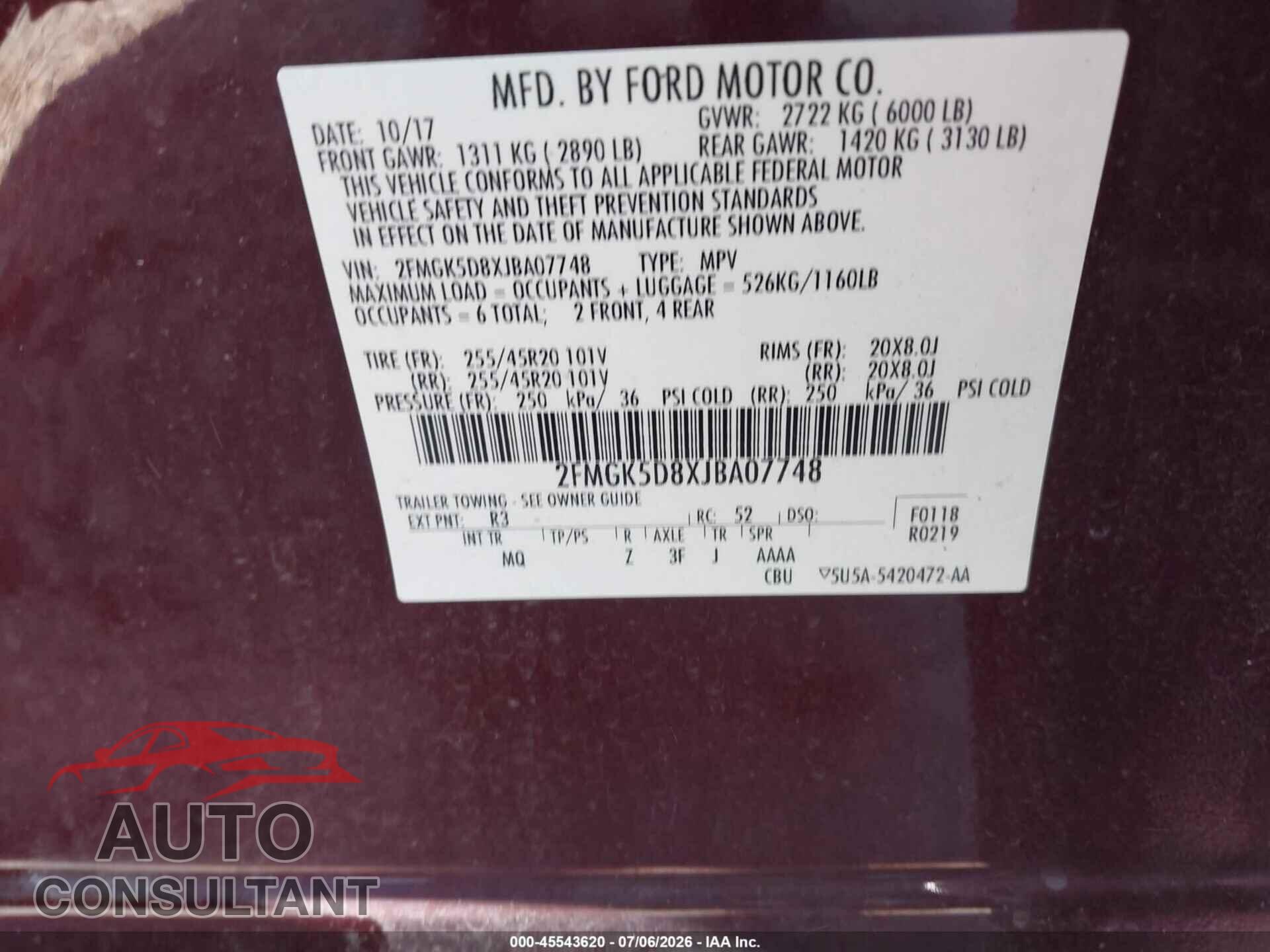 FORD FLEX 2018 - 2FMGK5D8XJBA07748
