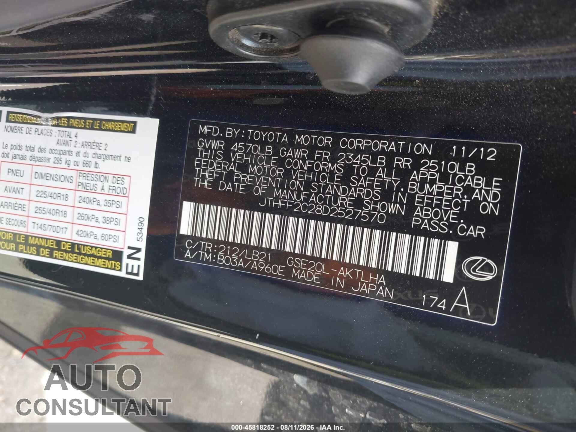 LEXUS IS 250C 2013 - JTHFF2C28D2527570