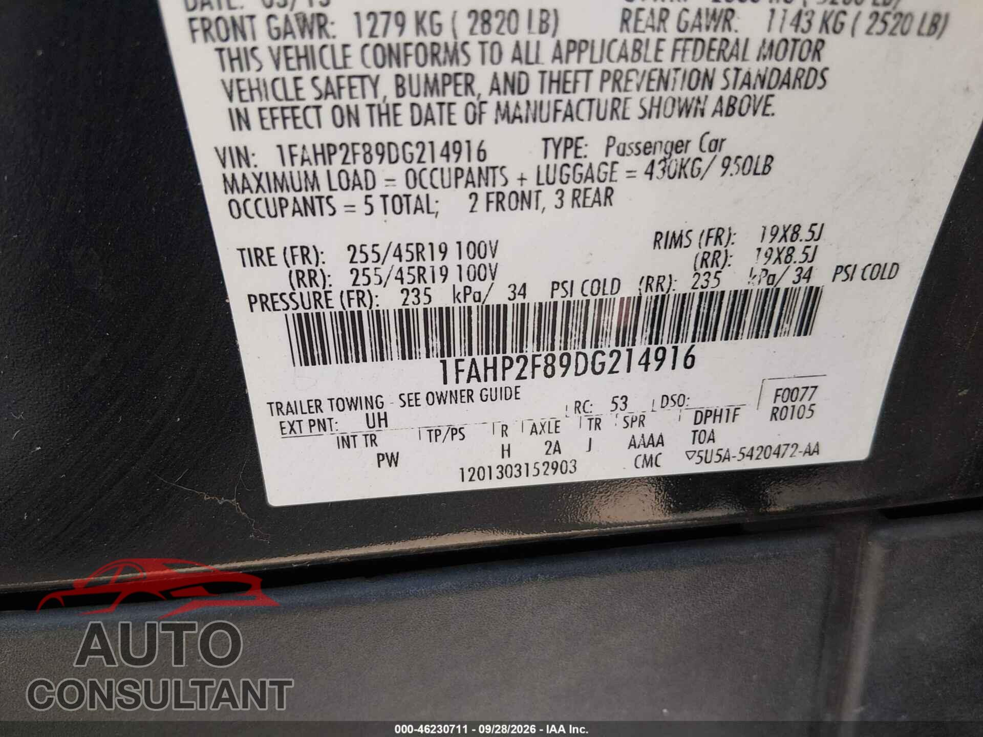 FORD TAURUS 2013 - 1FAHP2F89DG214916