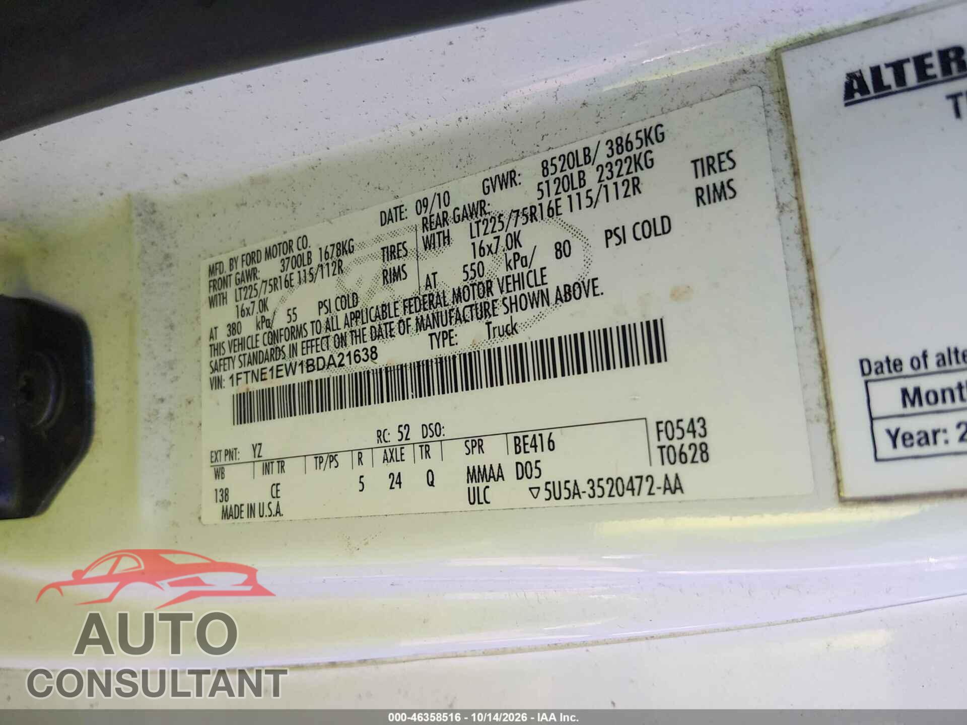 FORD E-150 2011 - 1FTNE1EW1BDA21638