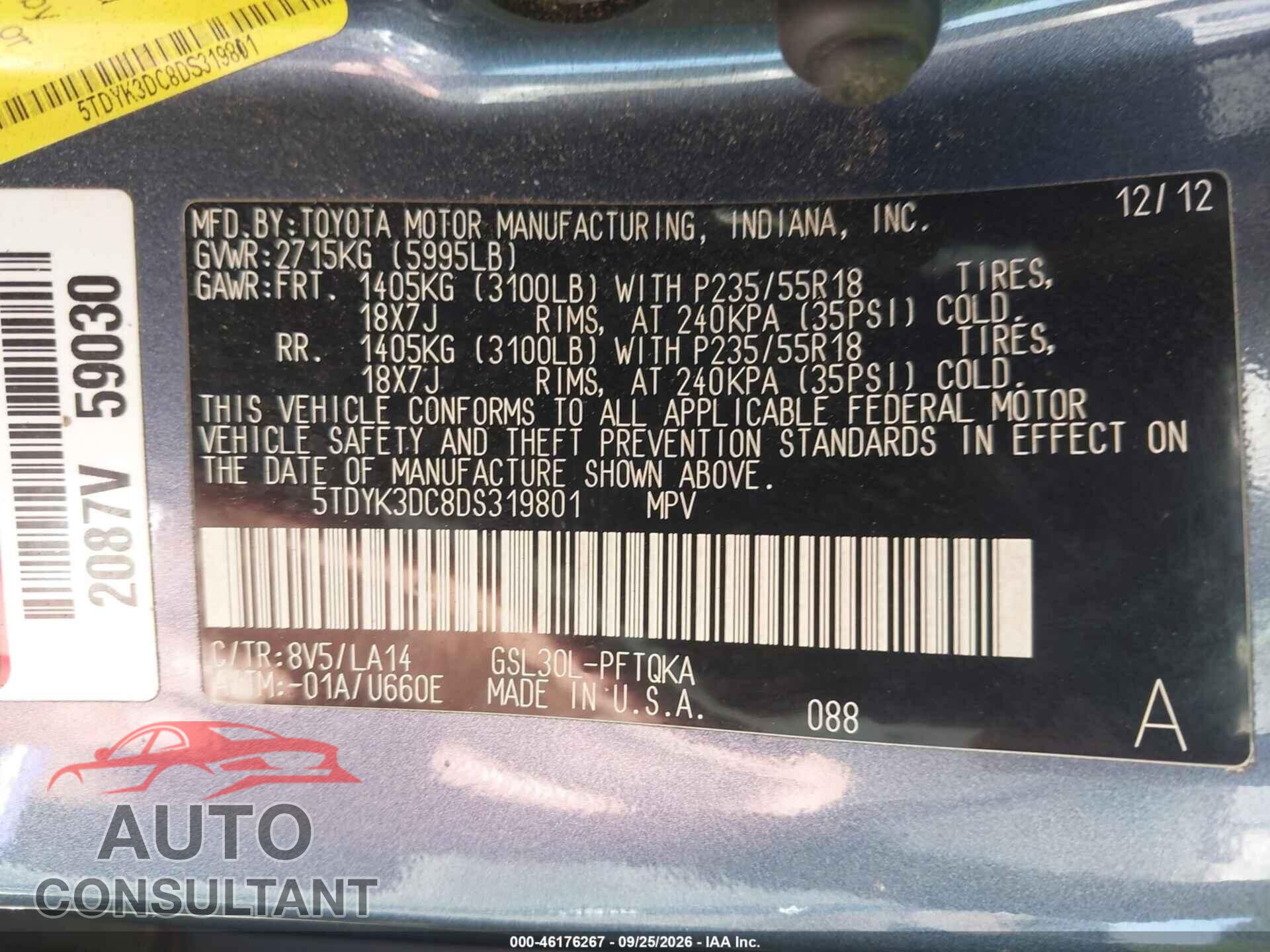 TOYOTA SIENNA 2013 - 5TDYK3DC8DS319801
