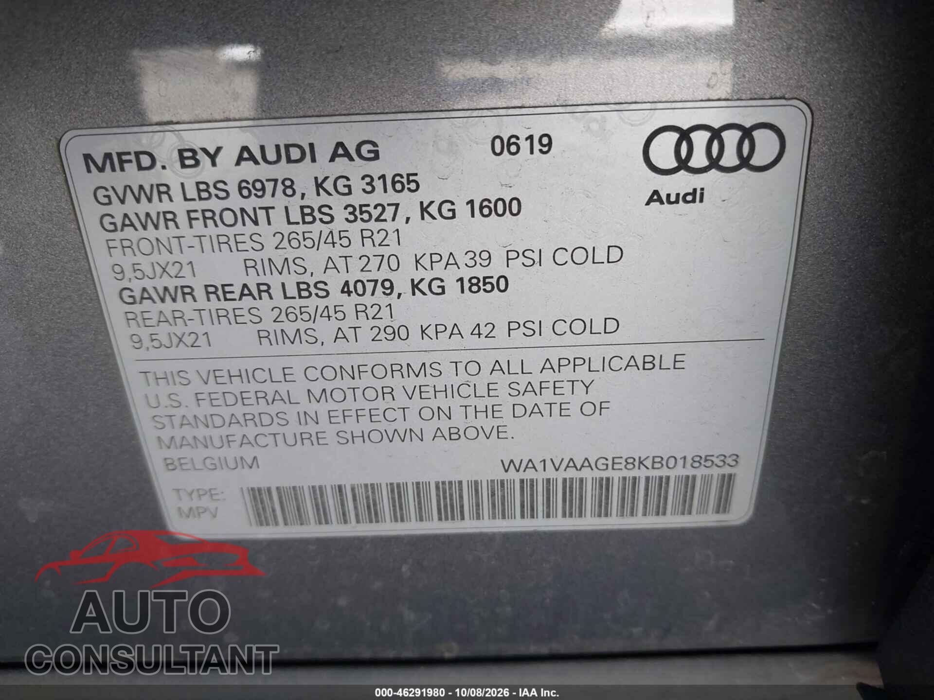 AUDI E-TRON 2019 - WA1VAAGE8KB018533