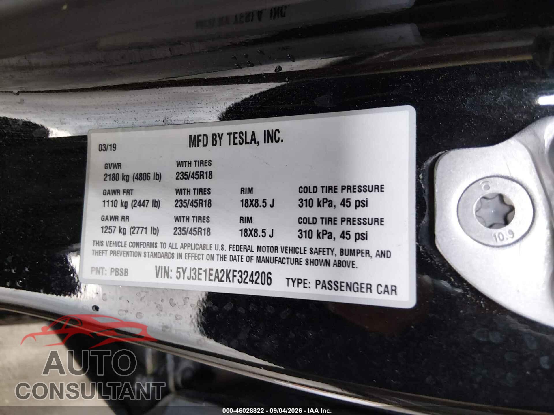 TESLA MODEL 3 2019 - 5YJ3E1EA2KF324206